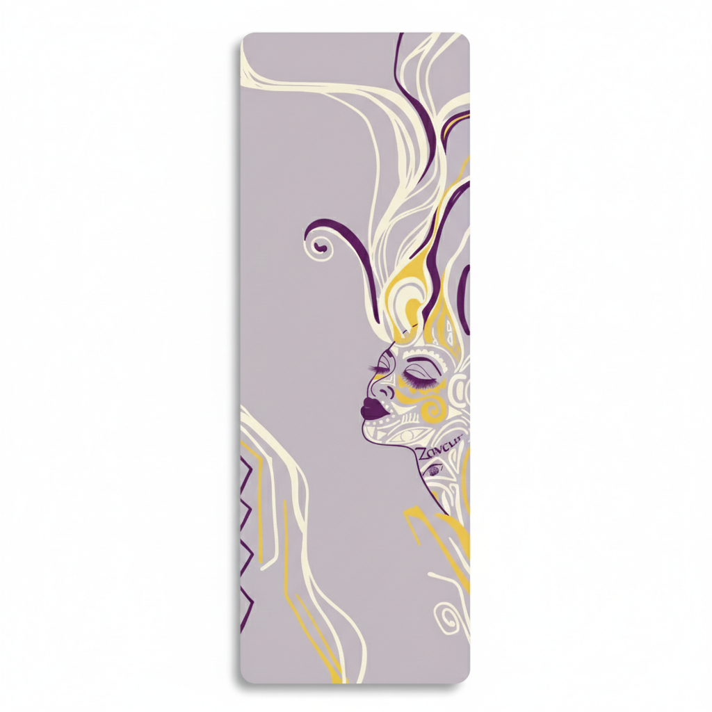 A yoga mat with a soft lavender-grey background. It displays a decorative illustration of a woman's profile with flowing purple and yellow hair and tribal-inspired face art.