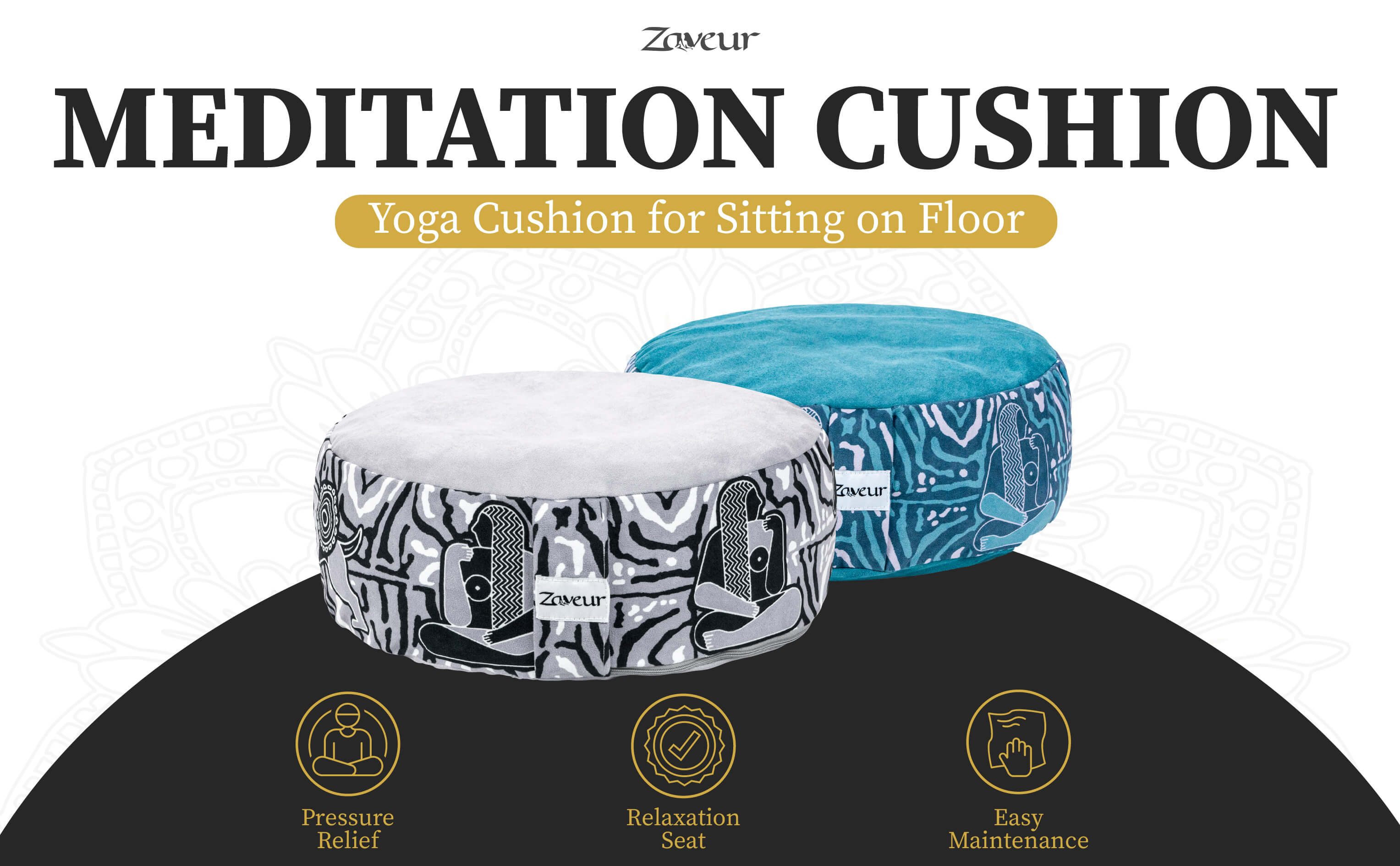Top view of the Royal Court round meditation cushion showing smooth teal surface and Egyptian-inspired pattern around the sides.