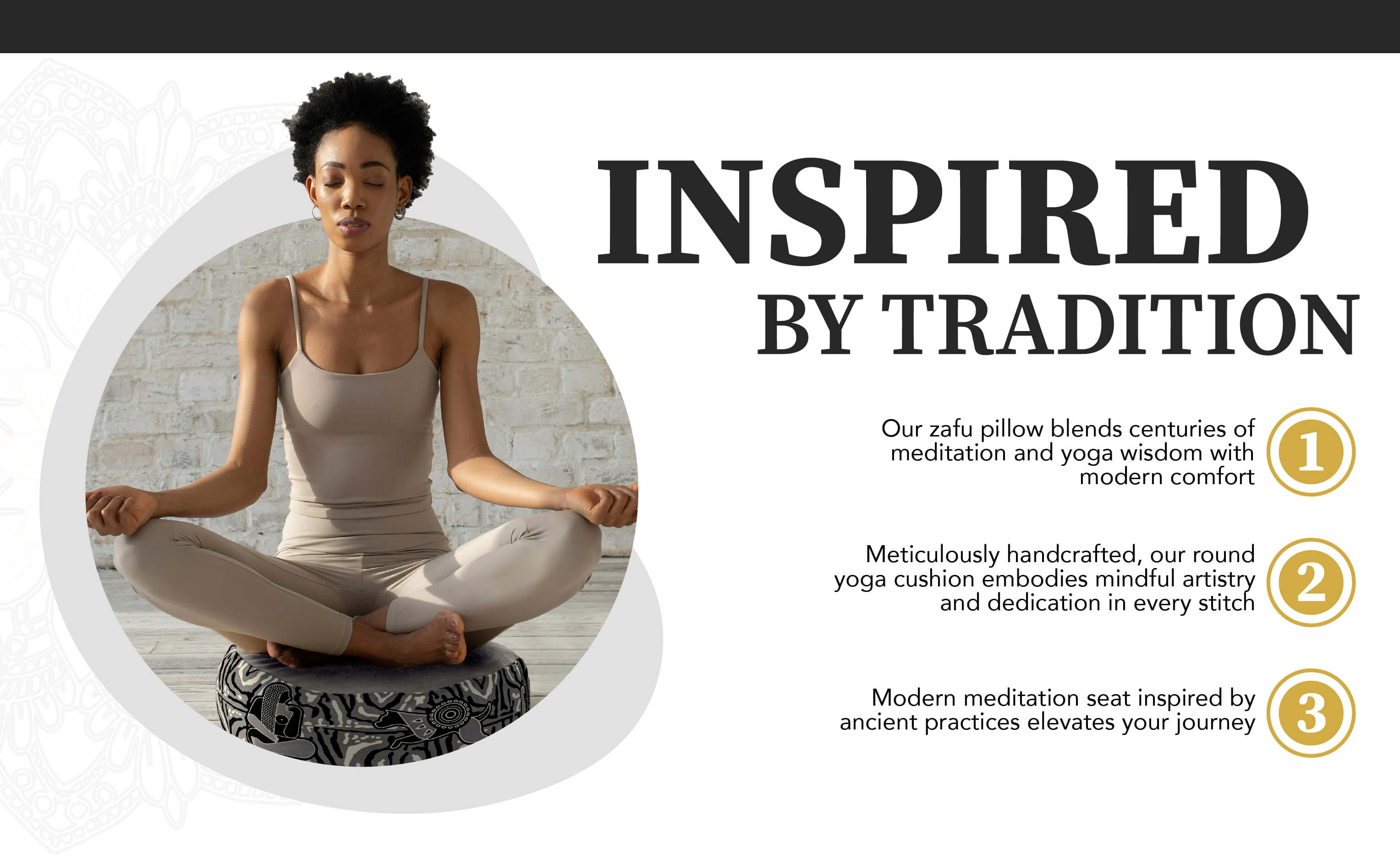 Woman in a yoga pose with text about zafu pillow and yoga cushion.