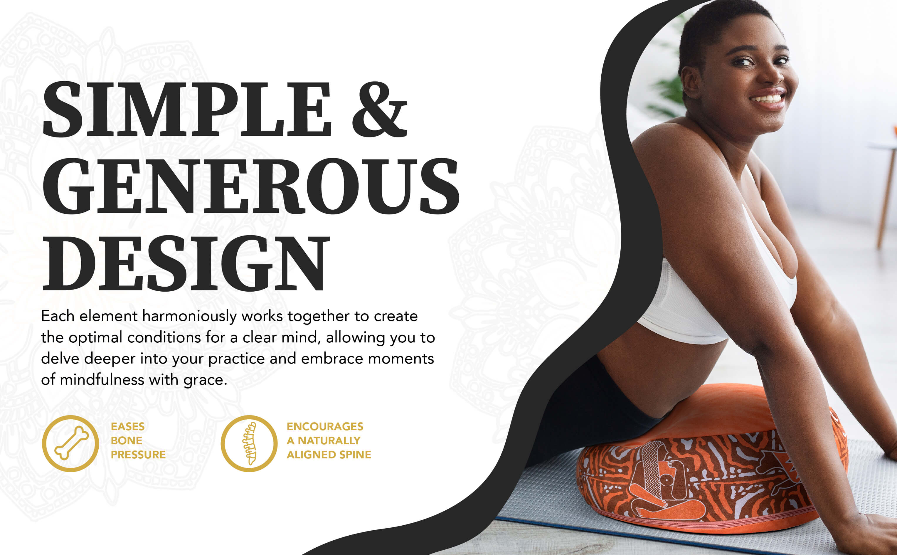 Woman sitting on a yoga mat with text about simple and generous design.