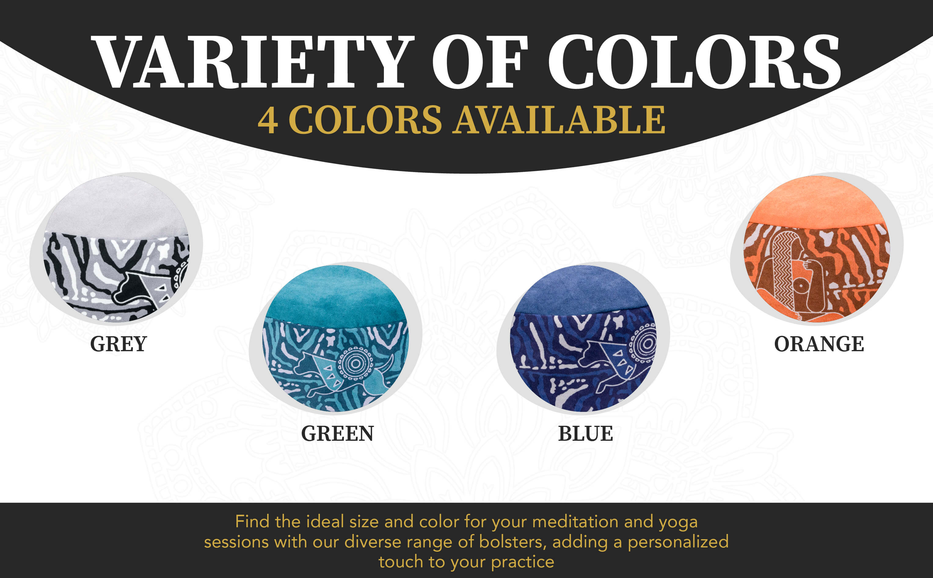 Variety of royal court meditation cushions shown in four colors—grey, green, blue, and orange—with Egyptian-inspired geometric patterns.