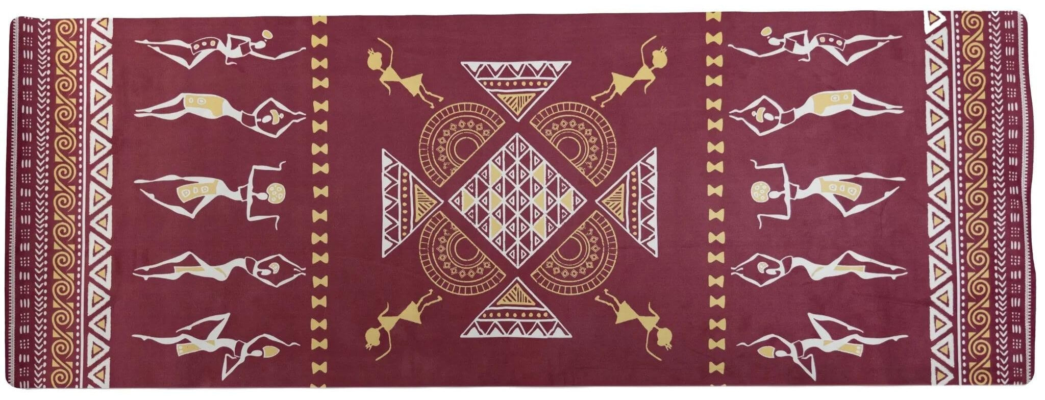 Decorative towel with tribal patterns on a red background