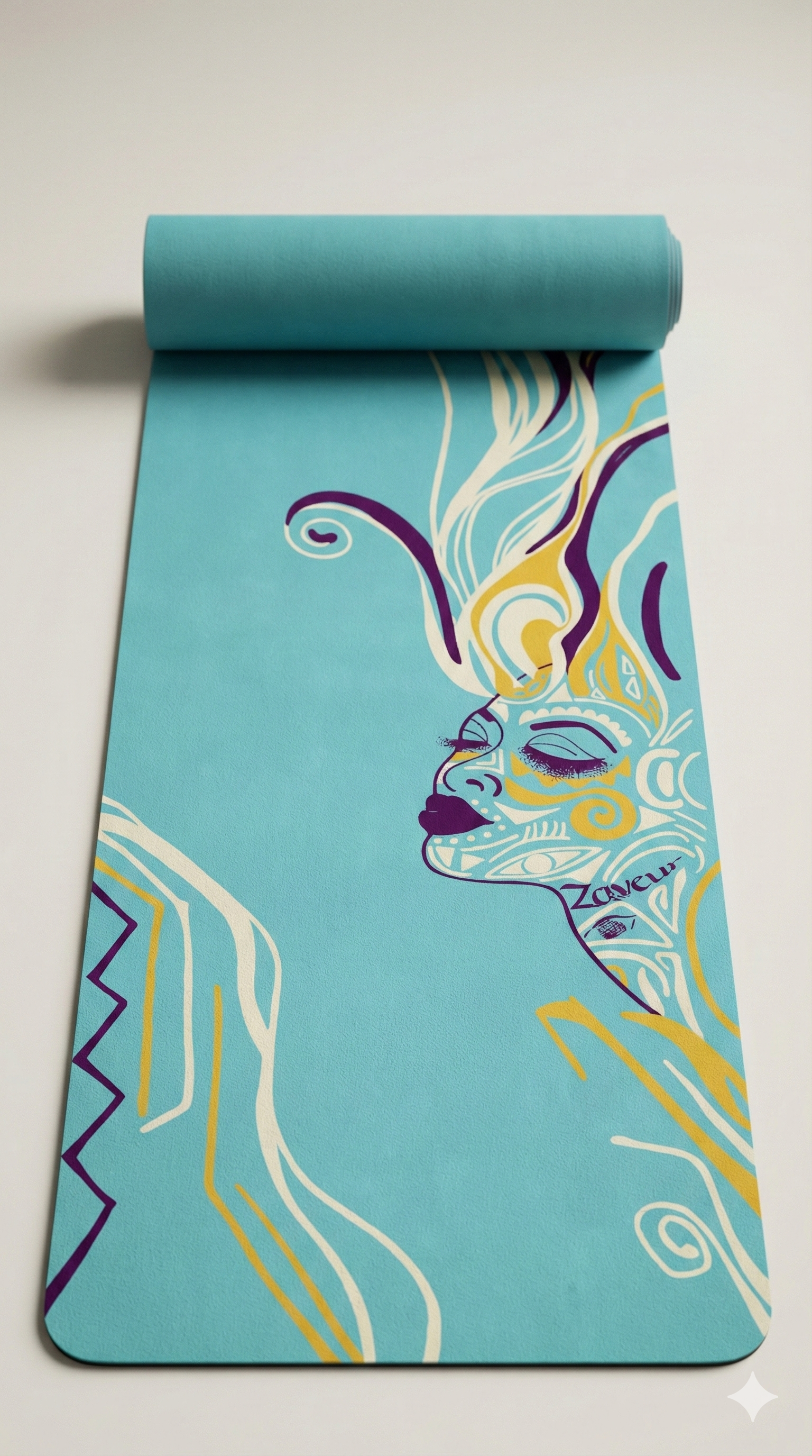 Abstract yoga mat mockup featuring a turquoise mat with artistic feminine line art design, ideal for yoga, meditation, and wellness branding.