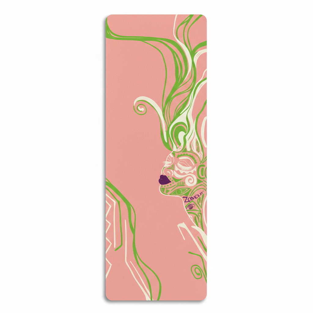 A pastel pink yoga mat featuring a green and white artistic illustration of a woman's face. The design is characterized by flowing, vine-like green hair and delicate facial details.