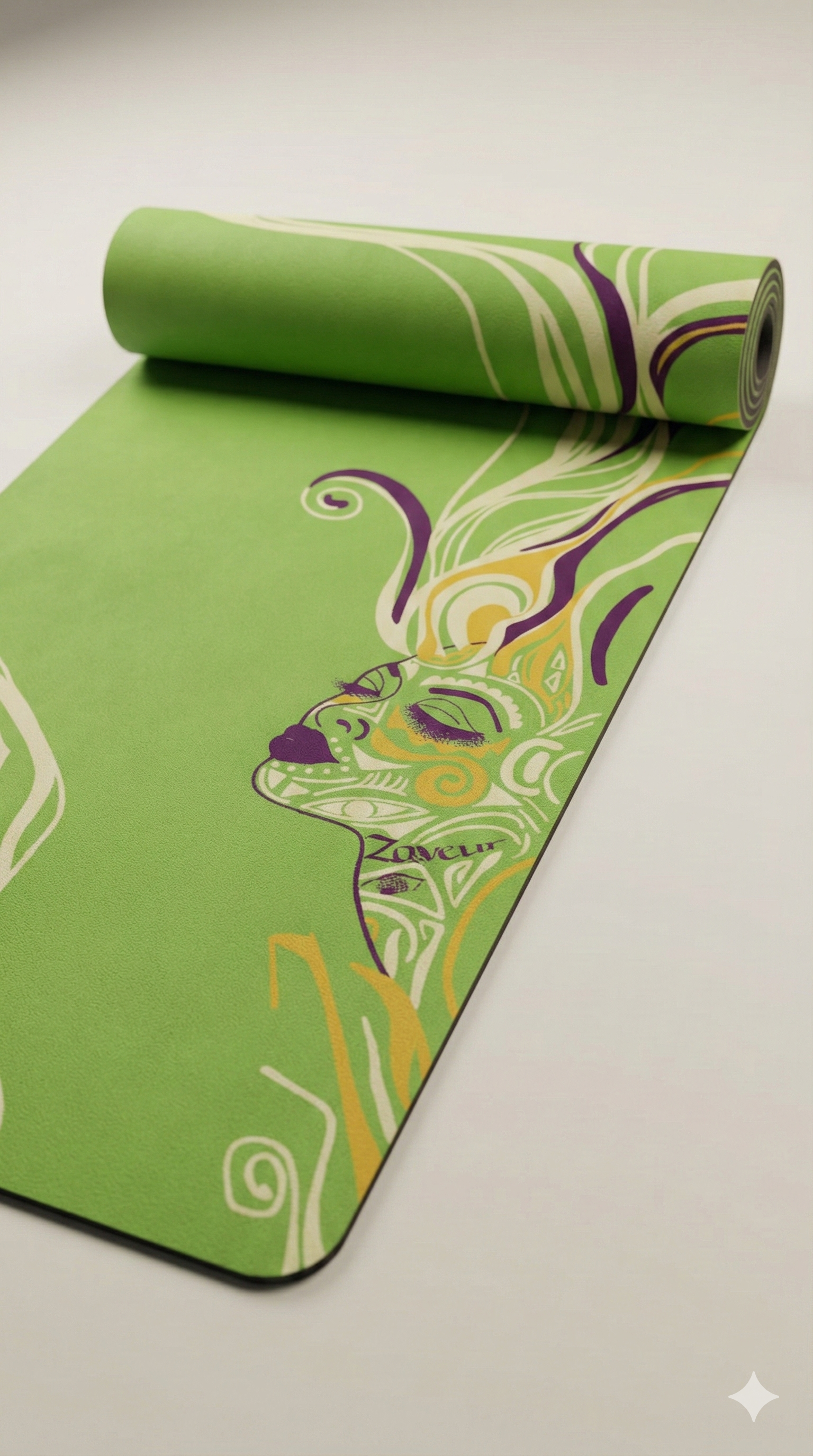 Rolled green yoga mat with artistic face design displayed on a stone surface in soft natural light.
