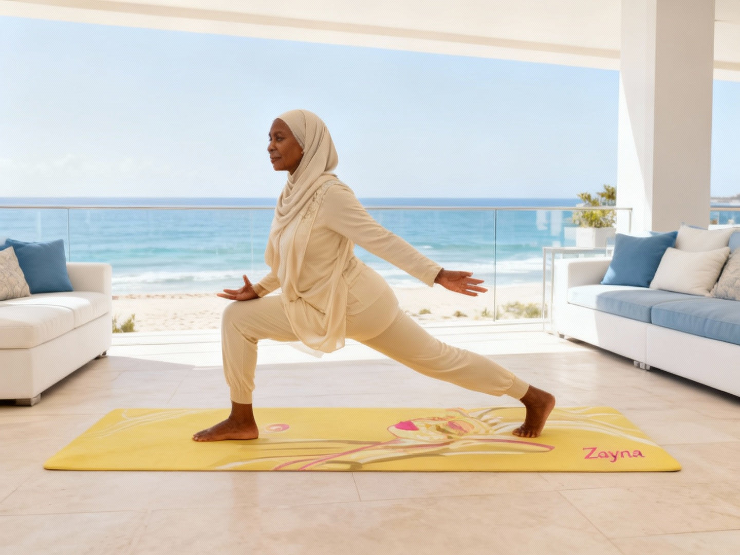 Senior woman practicing a yoga lunge on a yellow yoga mat by the ocean at sunset.