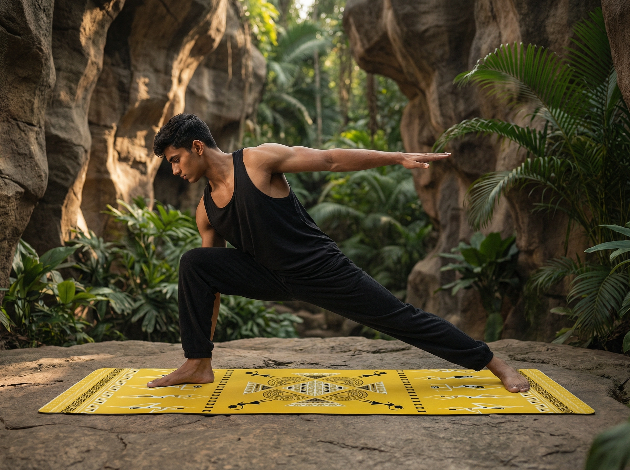 Person in black attire doing side plank yoga pose on yellow mat in lush jungle environment