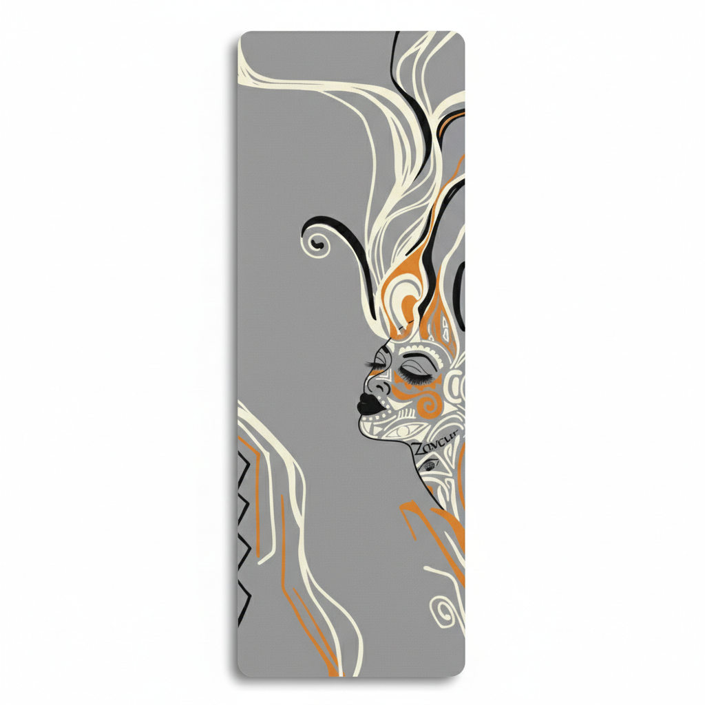 A slate grey yoga mat featuring a stylized profile of a woman with orange and black accents. The design includes intricate swirling patterns on the face and flowing hair.
