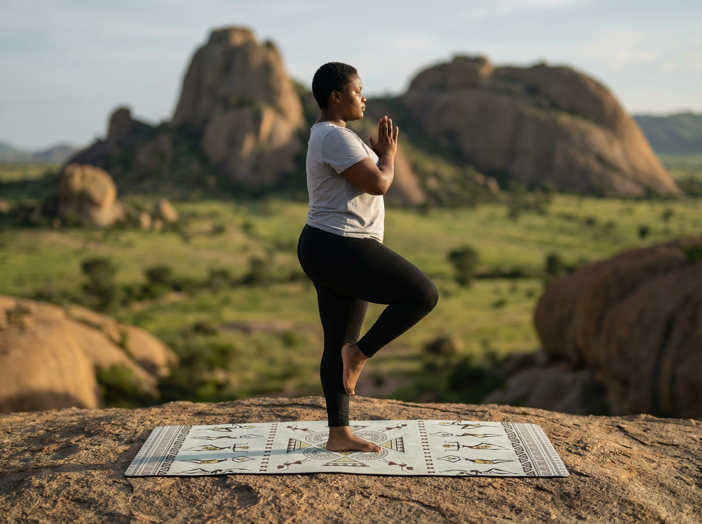 Woman in tree pose yoga balance on decorative mat outdoors with rocky mountain landscape background
