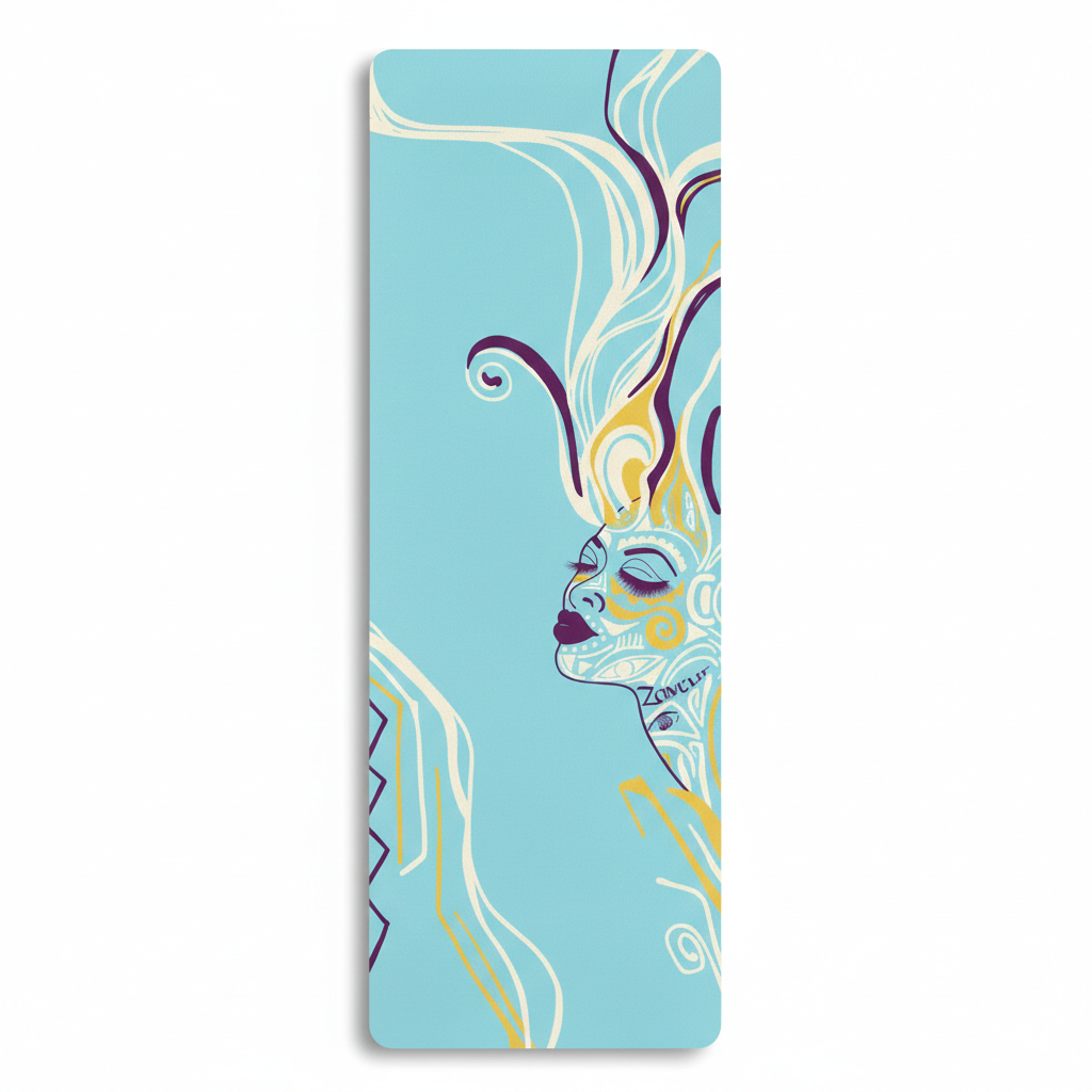 A turquoise blue yoga mat featuring a white and purple artistic profile of a woman. The design includes flowing hair lines and intricate, swirling facial patterns.