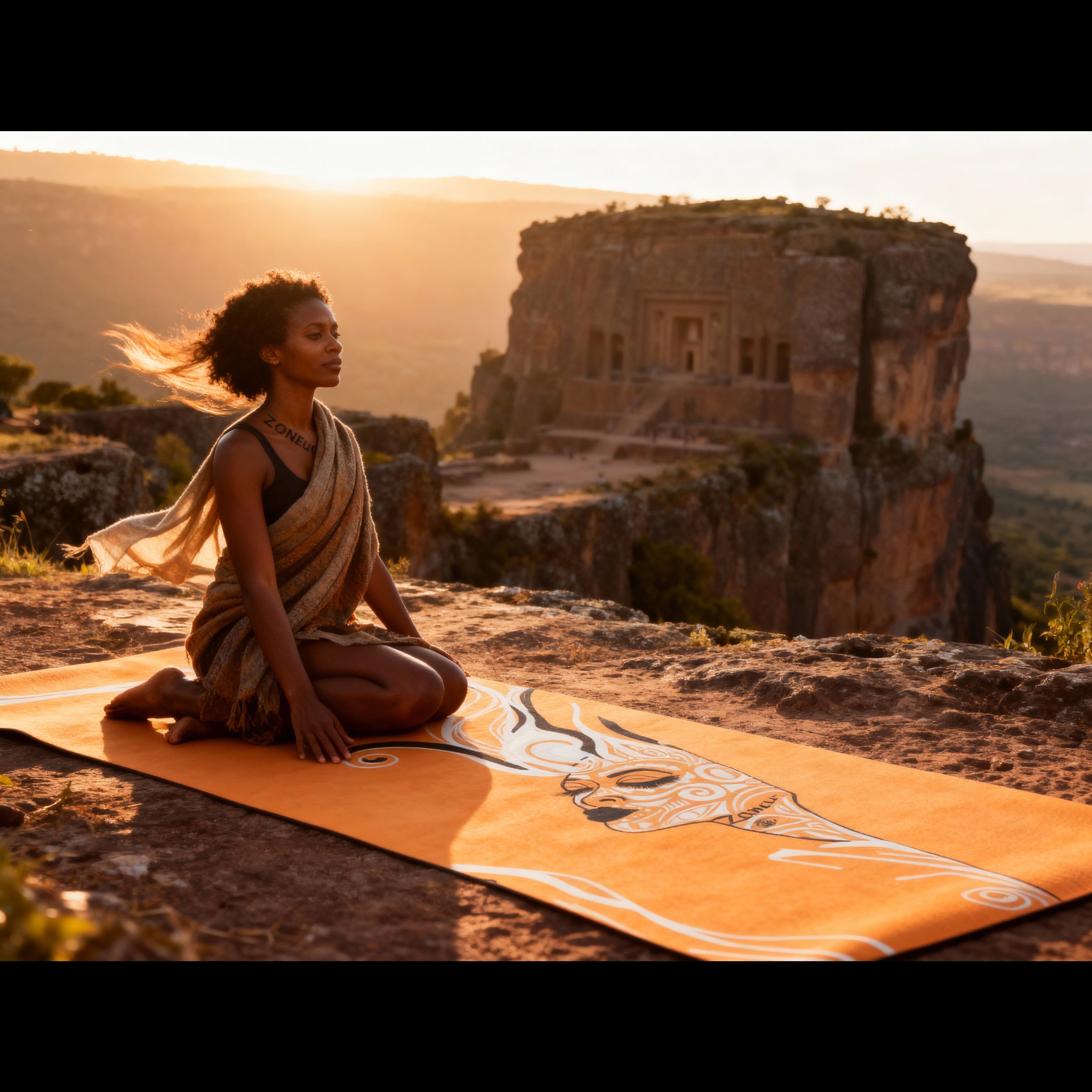Woman kneeling in meditation on an orange yoga mat overlooking mountains and an ancient cliffside temple at sunset.