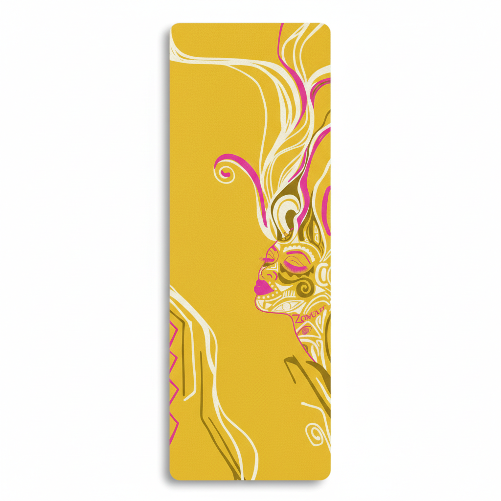 A vertical yoga mat with a mustard yellow background. It features a stylized illustration of a woman in profile with bright pink lips and flowing white and pink hair.