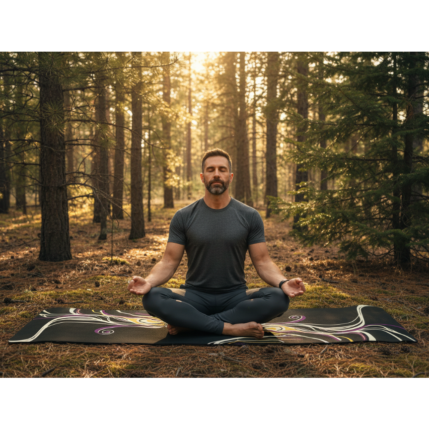 Man meditating in lotus position on a dark gray yoga mat with colorful Art Nouveau flowing design in a sunlit forest at golden hour