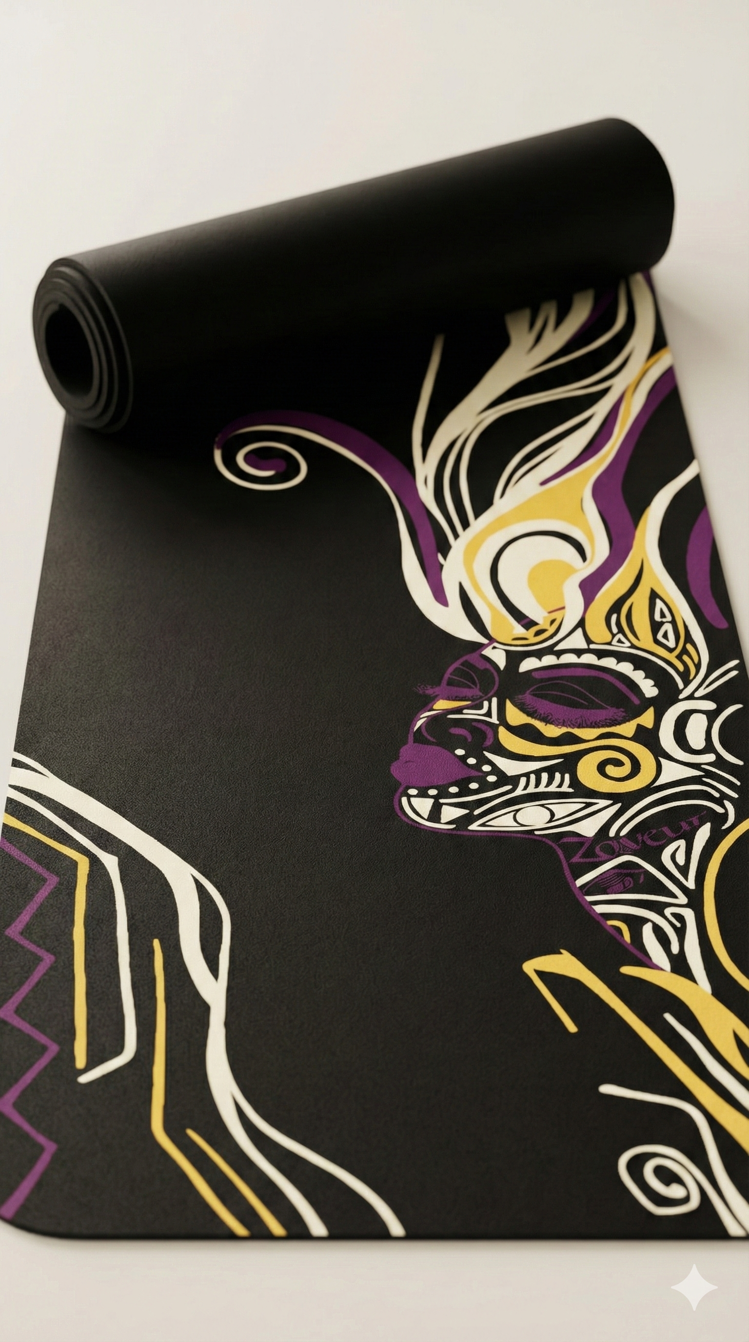 Partially rolled black yoga mat displaying intricate Art Nouveau design with flowing purple, gold, and cream decorative patterns