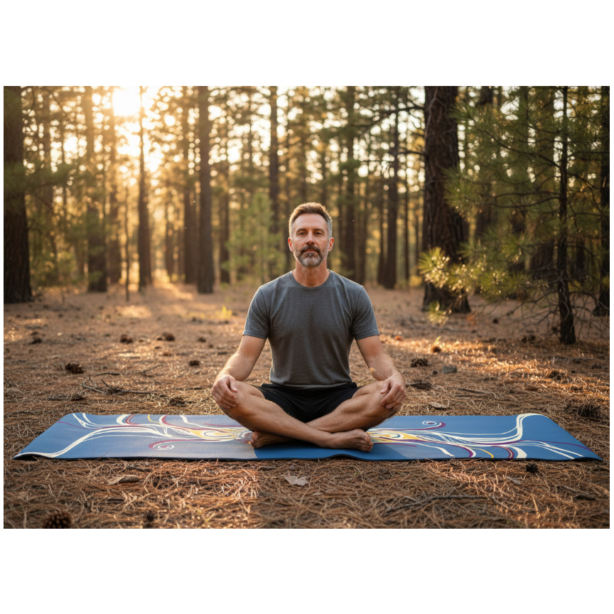Man in lotus pose on Zaveur blue yoga mat with colorful design in forest at golden hour