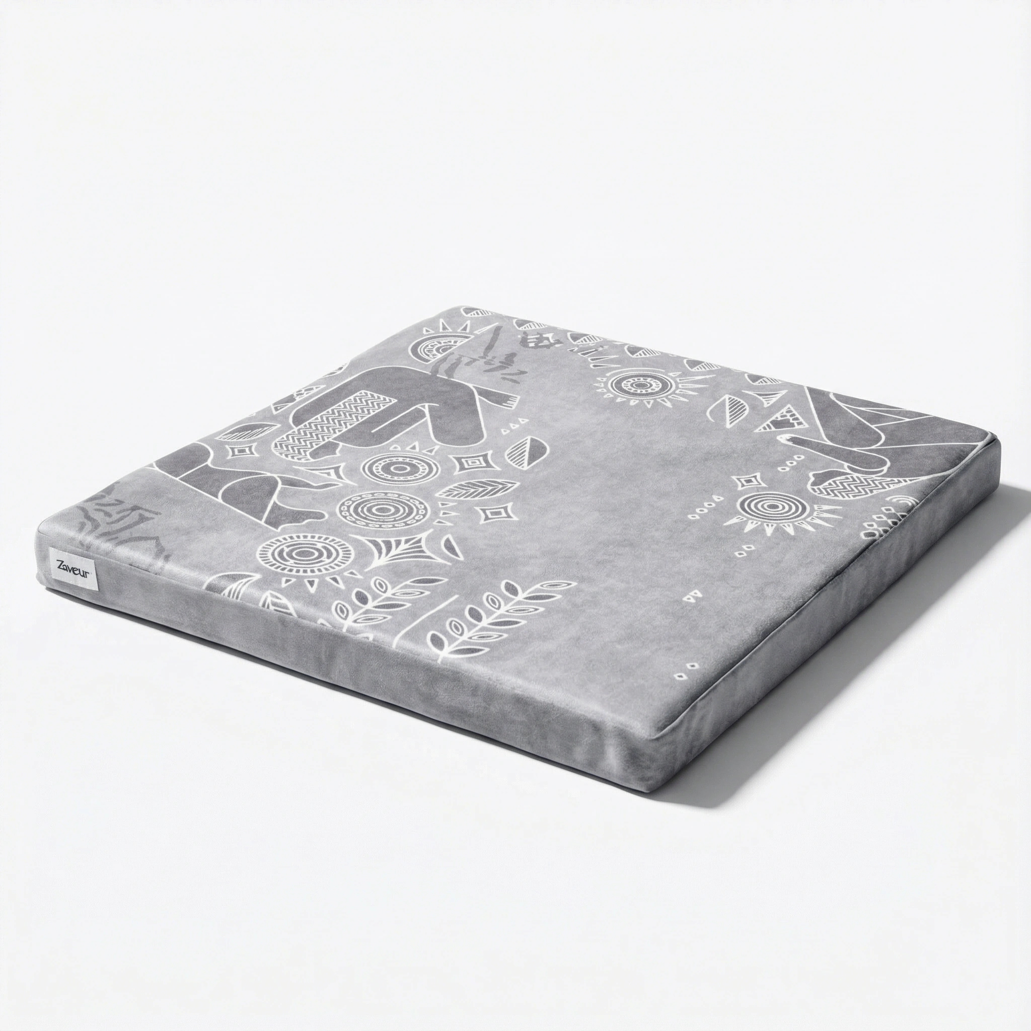 Gray meditation floor mat with white abstract patterns, soft yoga seat cushion designed for comfort, mindfulness, and home meditation practice