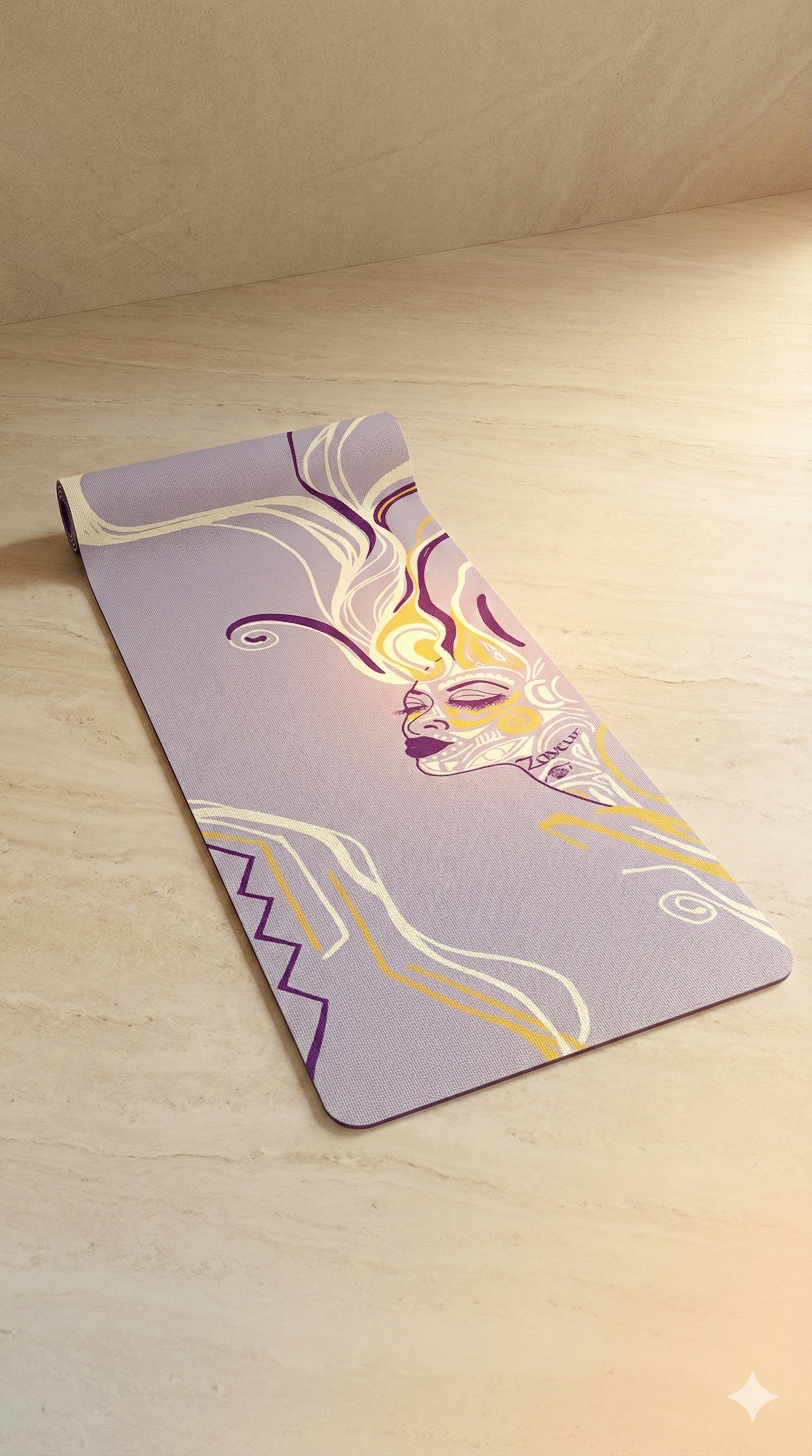 Lavender yoga mat with abstract face artwork and flowing line patterns, laid flat on a neutral studio floor in a full-length view.