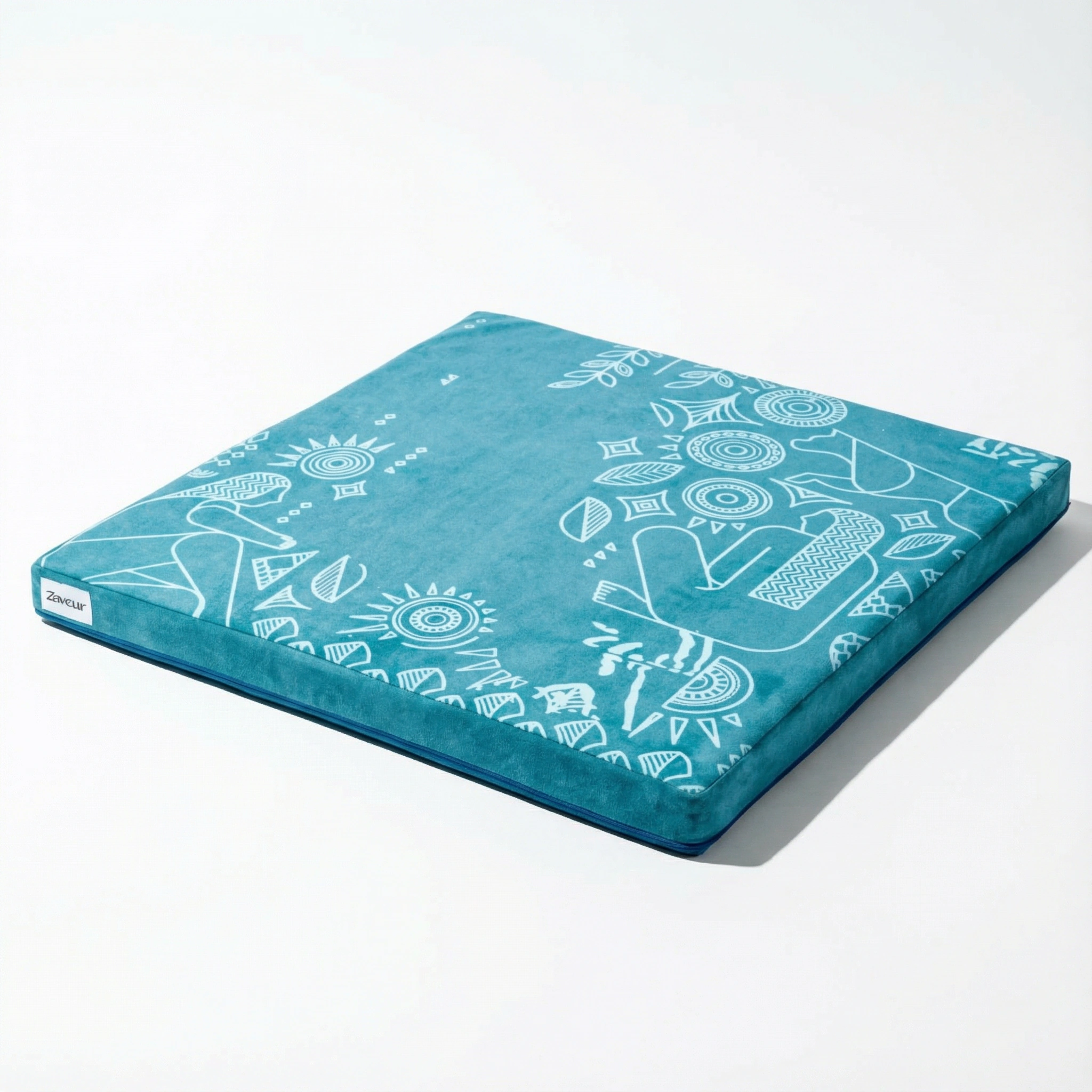 Teal meditation floor mat with patterned design for yoga, mindfulness, and seated posture support by Zaveur