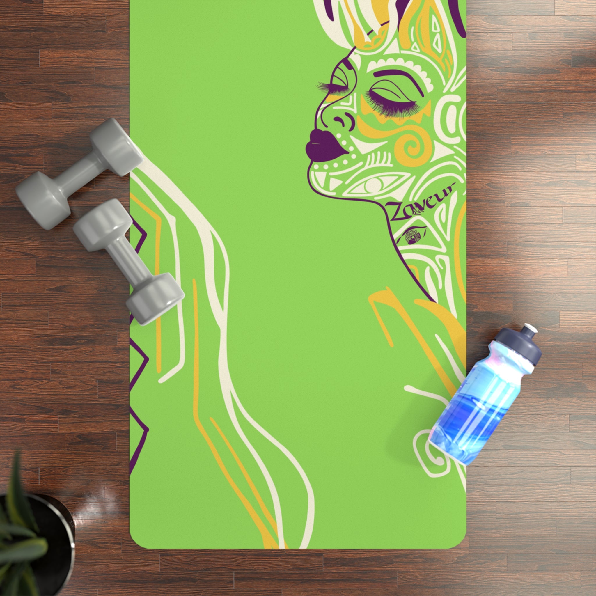 QUEEN OF PHOENIX Green Floral Face Illustration Rubber Yoga Mat | Abstract Botanical Design
