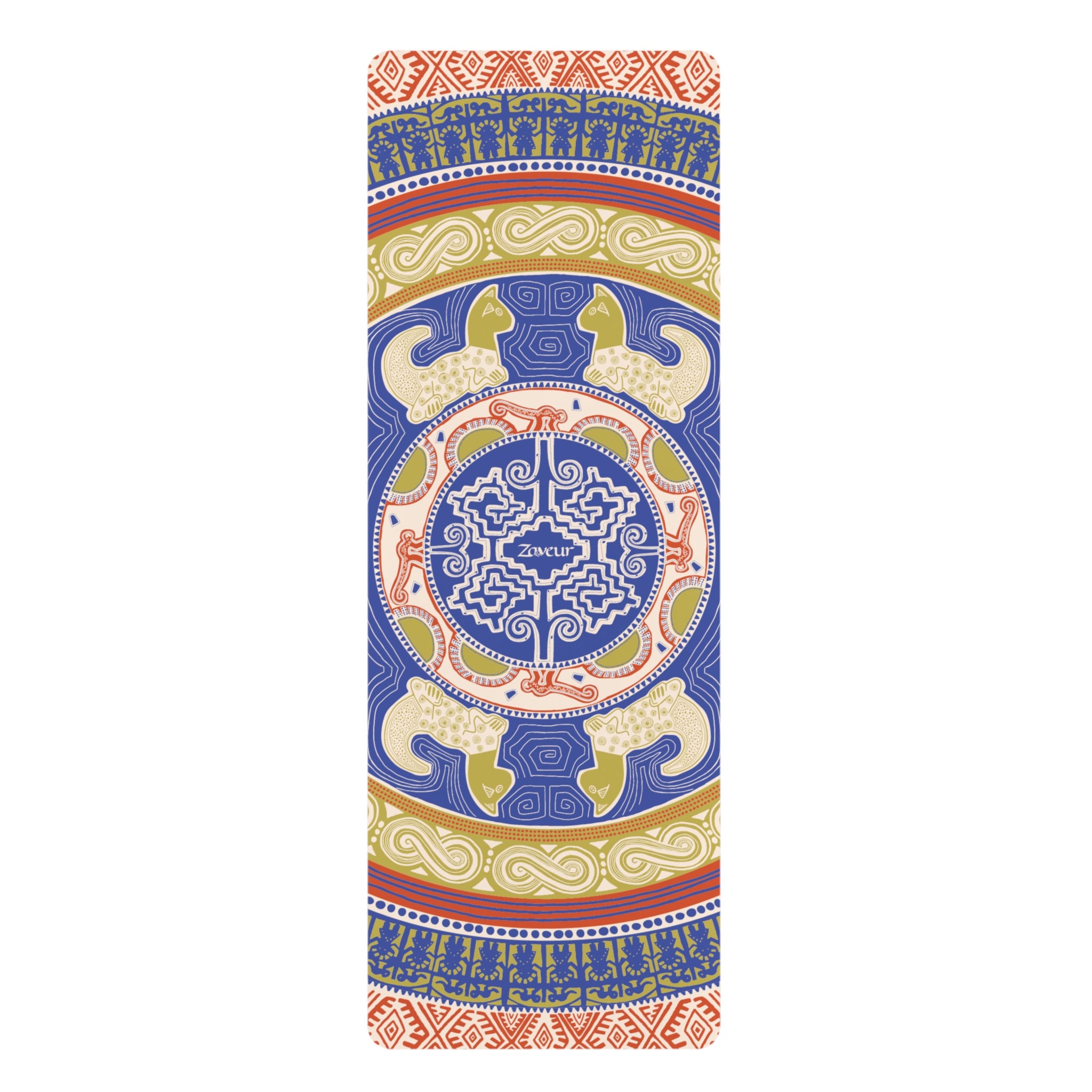 Colombian Dreams Yoga Mat | Mandala Tribal Circle Yoga Mat | Ethnic Pattern Blue Gold Rubber