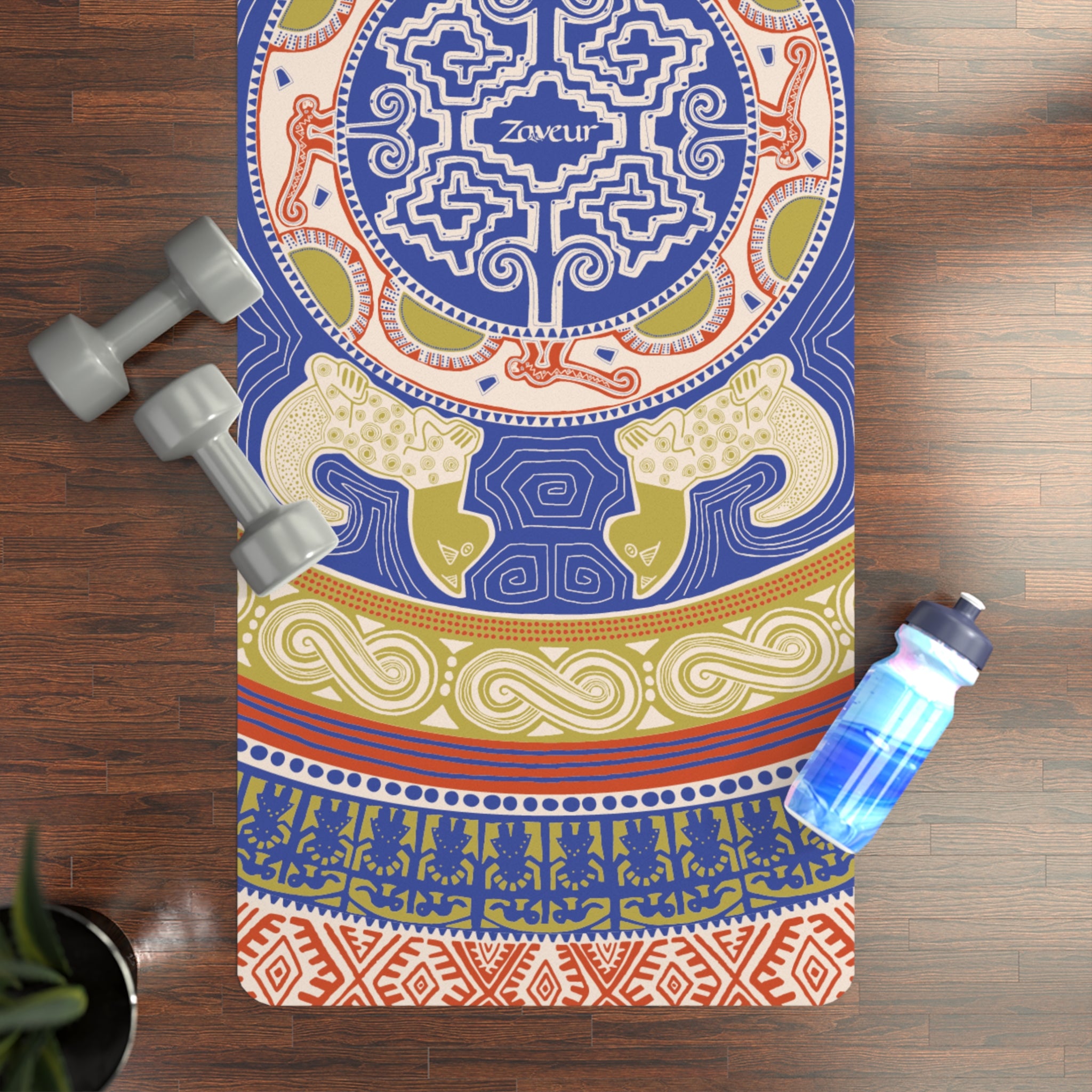 Colombian Dreams Yoga Mat | Mandala Tribal Circle Yoga Mat | Ethnic Pattern Blue Gold Rubber