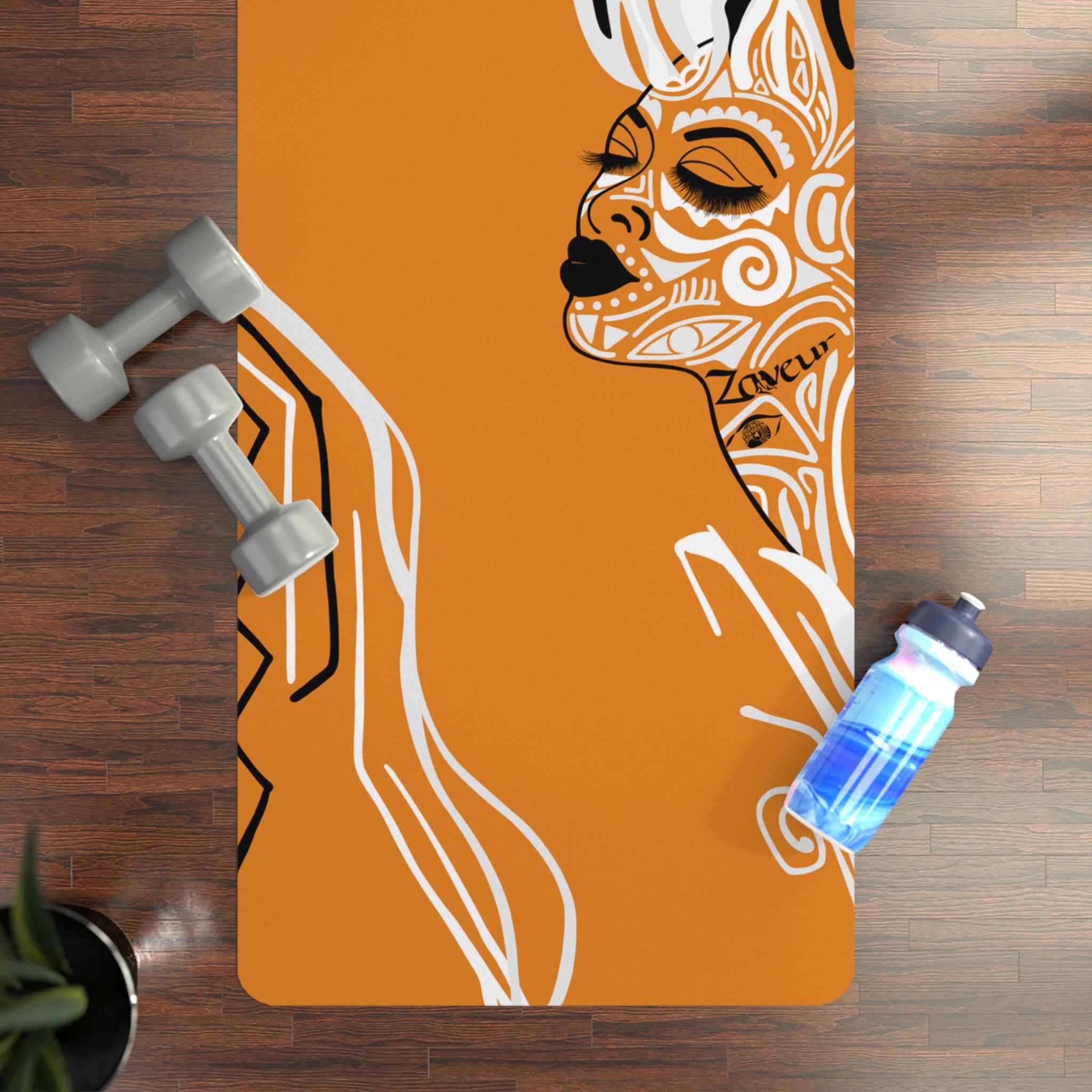 QUEEN OF PHOENIX Tribal Goddess Illustration Yoga Mat | Orange Patterned Fitness Mat