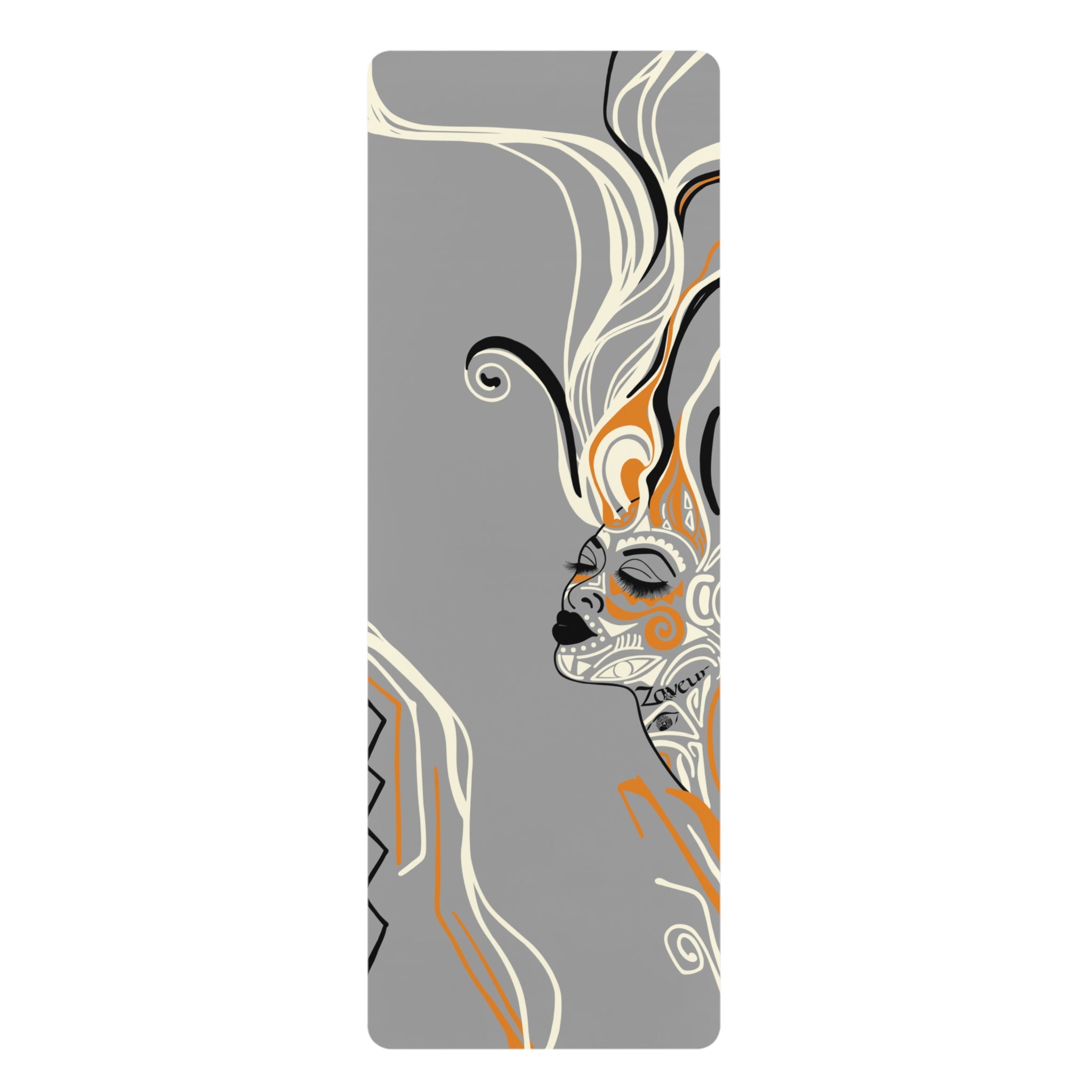 QUEEN OF PHOENIX Abstract Feminine Profile Rubber Yoga Mat | Graceful Line Art, Grey Orange Accents