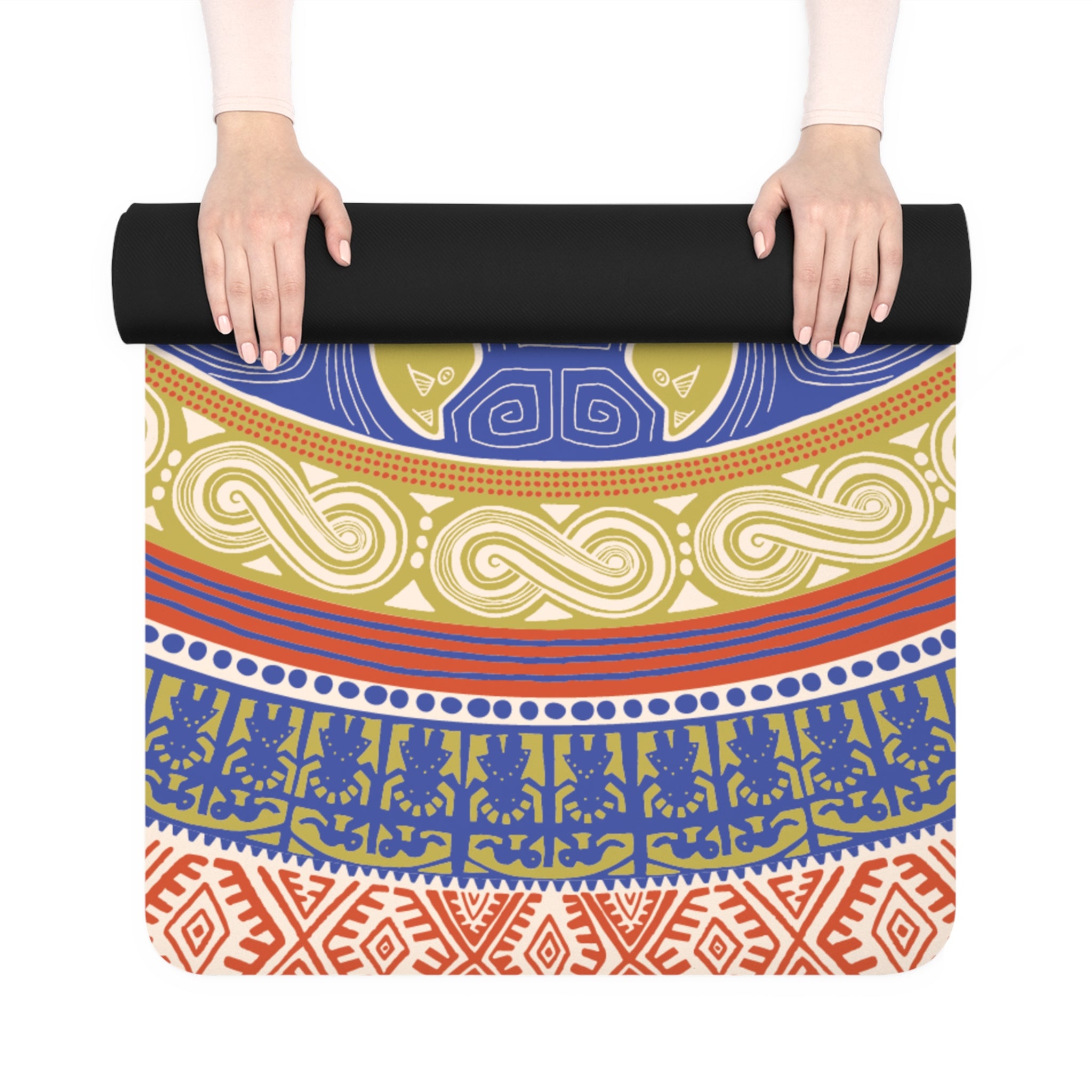 Colombian Dreams Yoga Mat | Mandala Tribal Circle Yoga Mat | Ethnic Pattern Blue Gold Rubber