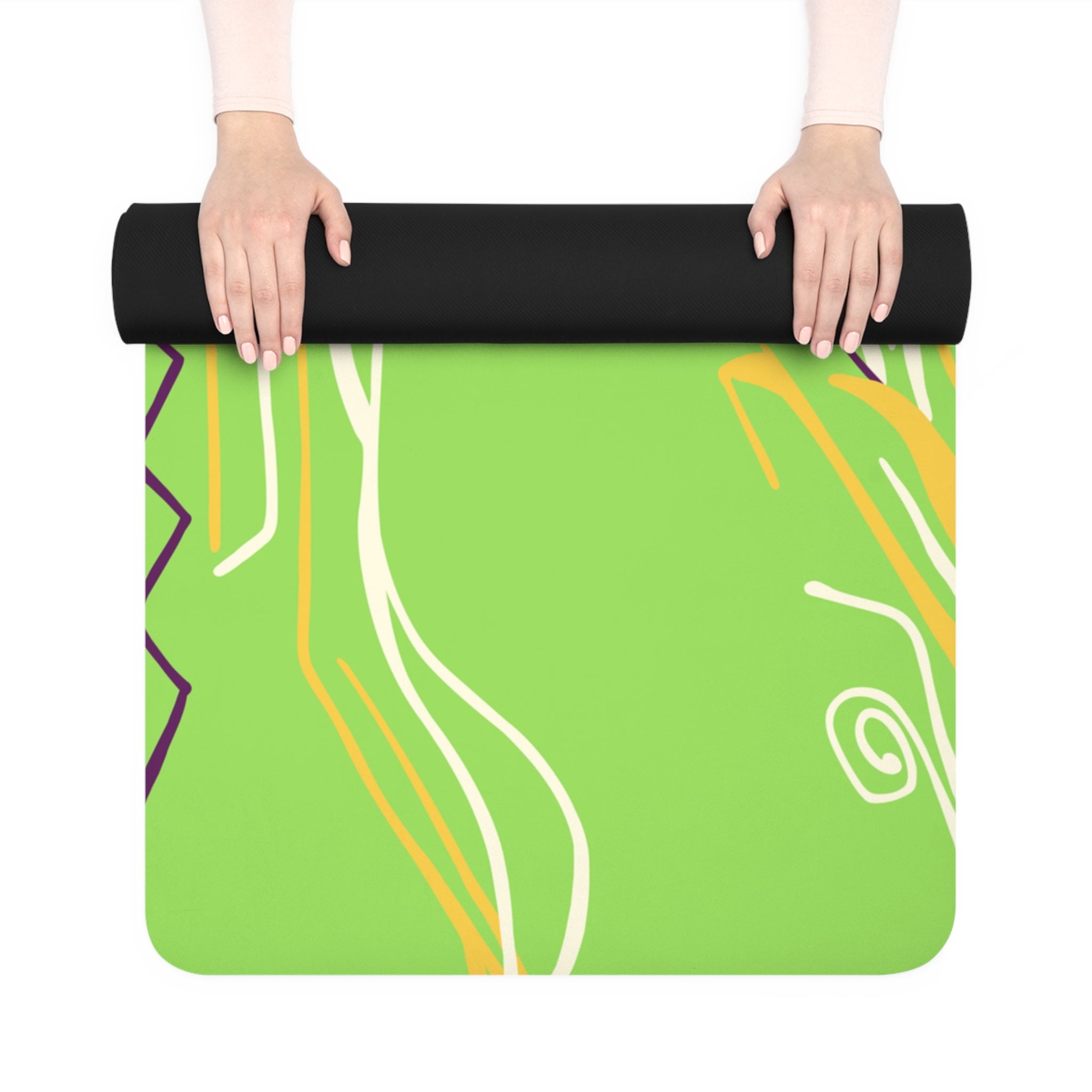 QUEEN OF PHOENIX Green Floral Face Illustration Rubber Yoga Mat | Abstract Botanical Design