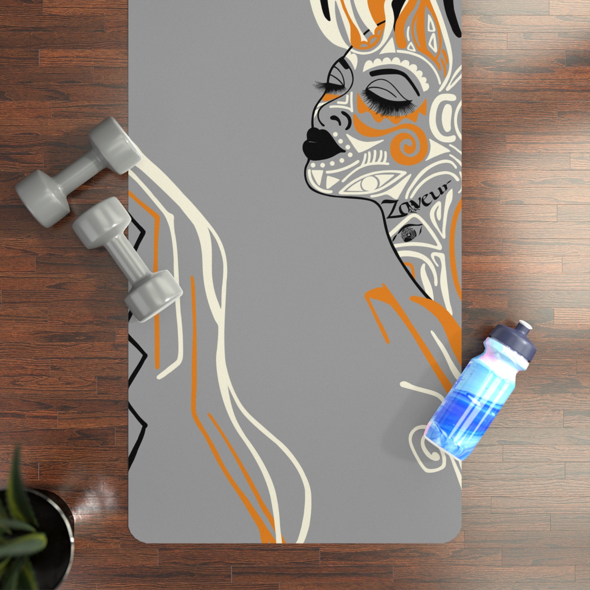 QUEEN OF PHOENIX Abstract Feminine Profile Rubber Yoga Mat | Graceful Line Art, Grey Orange Accents