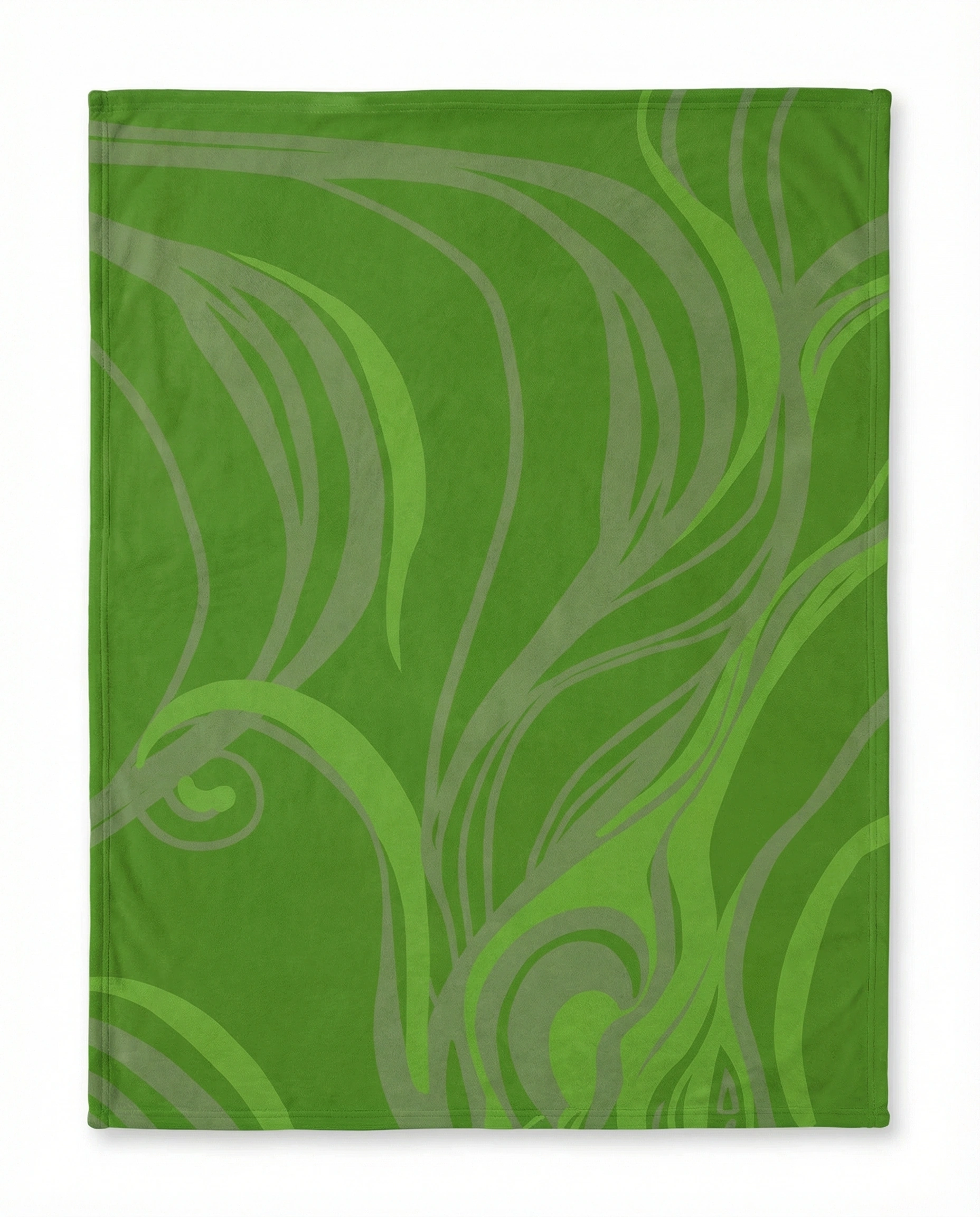 Back view of a modern abstract throw blanket featuring layered green swirl patterns with a soft fabric texture and clean stitched edges.