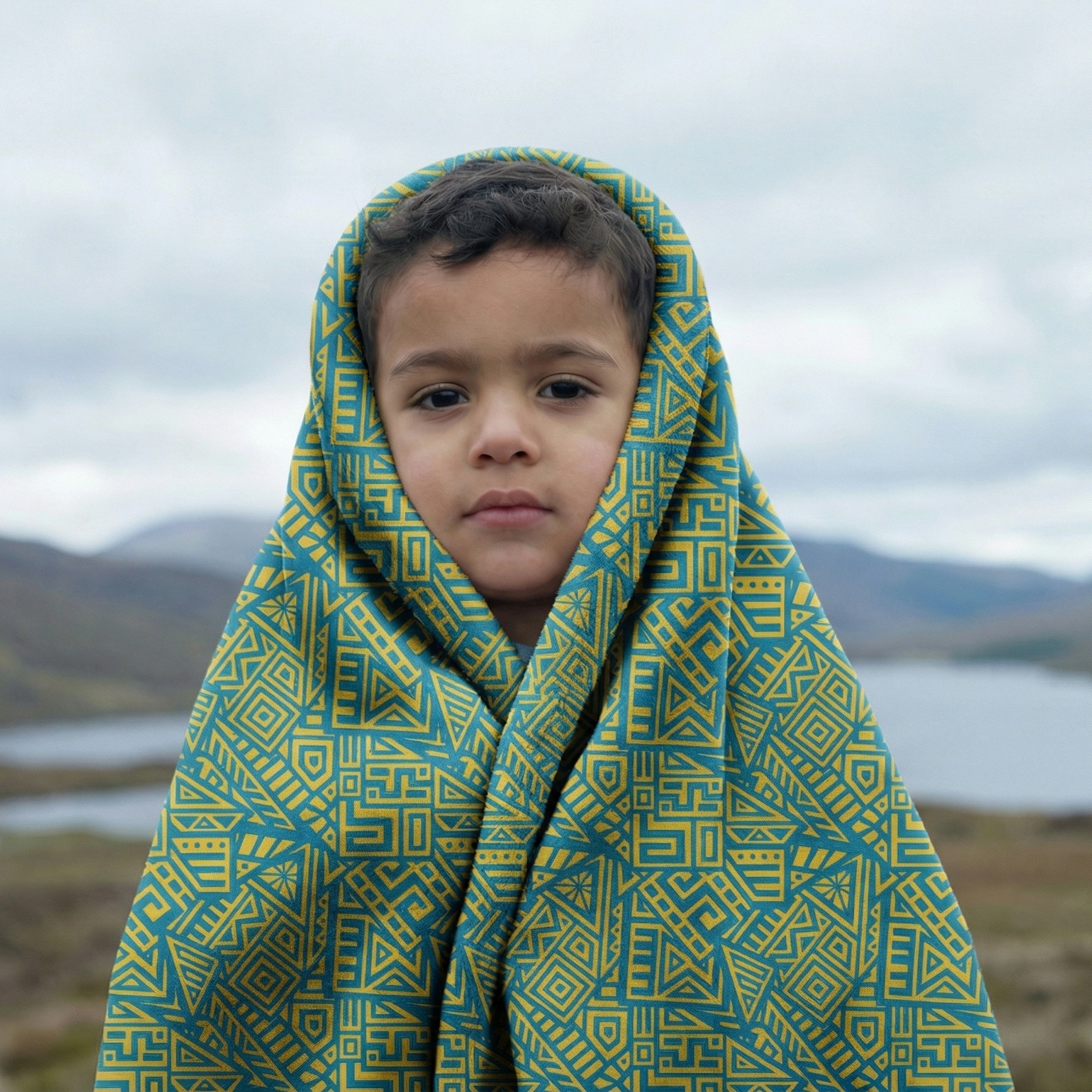 Child wrapped in a green African geometric pattern fleece blanket outdoors, showcasing the blanket’s cultural design, warmth, and cozy texture in a natural landscape
