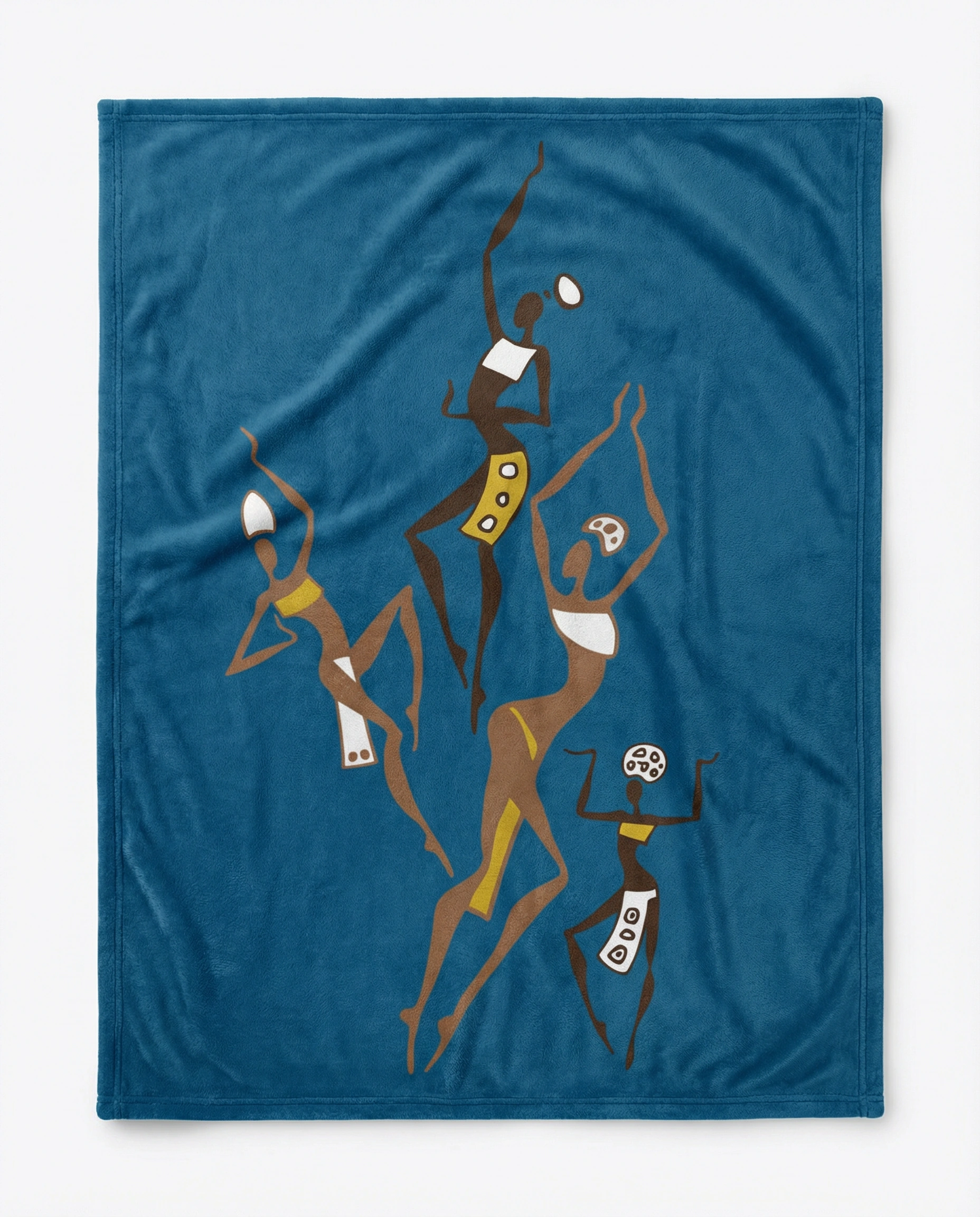 Front view of a blue fleece blanket featuring elegant African tribal dancers in earthy brown and gold tones, inspired by traditional African art