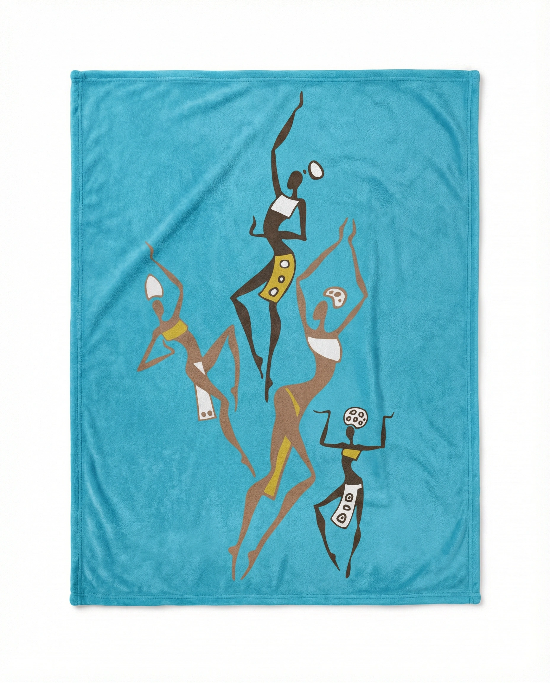 Front view of a cyan fleece blanket featuring African tribal dancers artwork in earthy tones, inspired by traditional African culture and movement