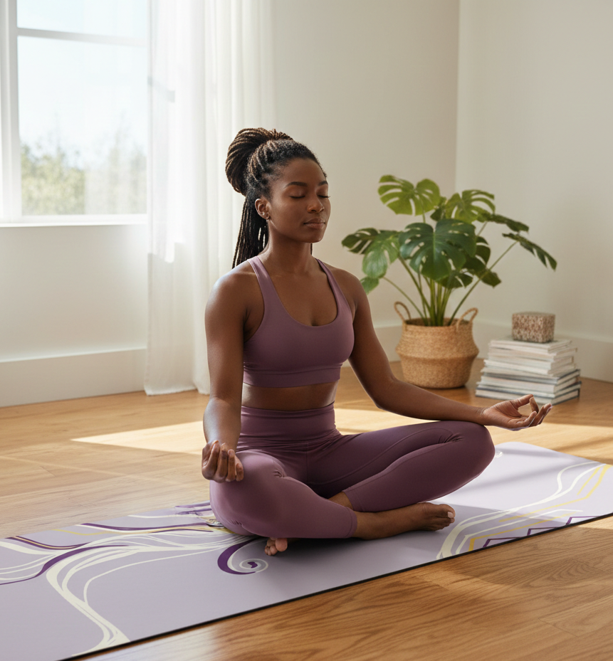 A vertical view of a light purple yoga mat featuring an artistic, stylized profile of a woman's face with intricate white and yellow swirl patterns resembling flowing hair. The word "Zaveur" is integrated into the neck design.