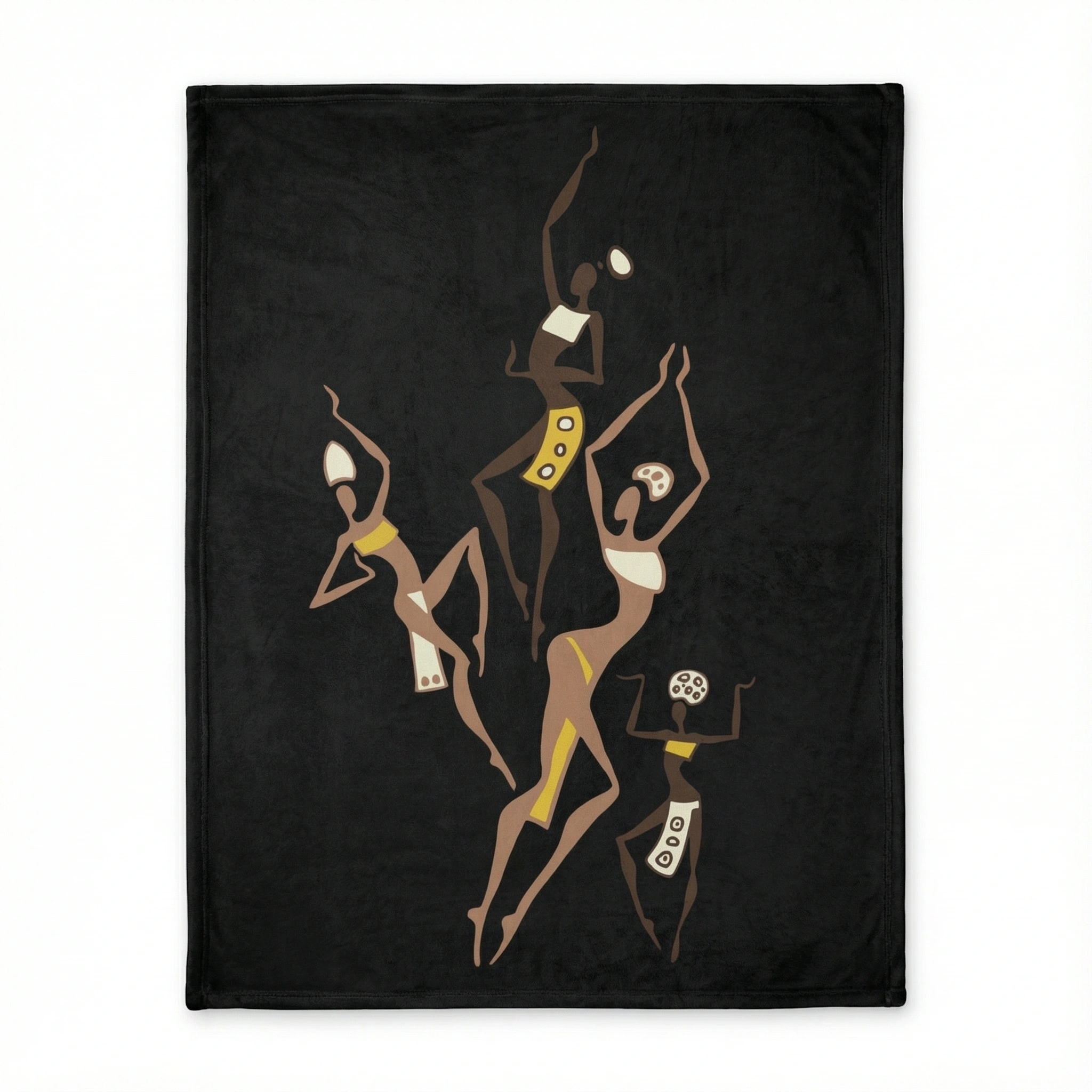 Back view of a brown fleece blanket featuring an African geometric pattern with tribal motifs, displayed flat to highlight the detailed design and texture