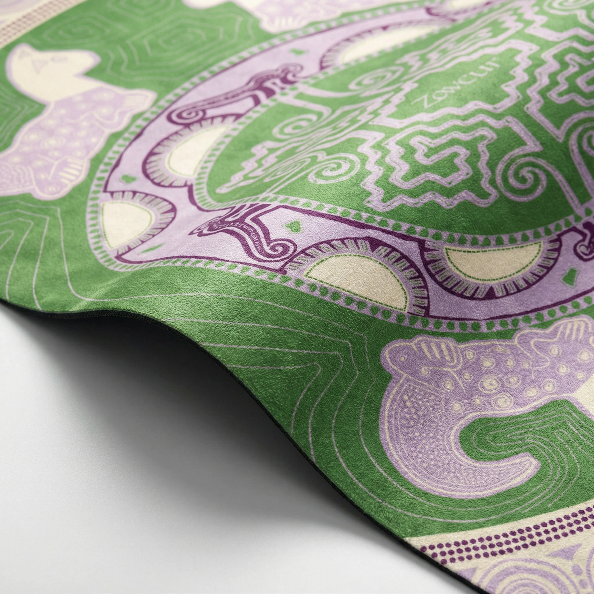 Extreme close-up of rolled green yoga mat showing purple and cream mandala pattern with yin yang symbol, peacock motifs, and textured non-slip surface