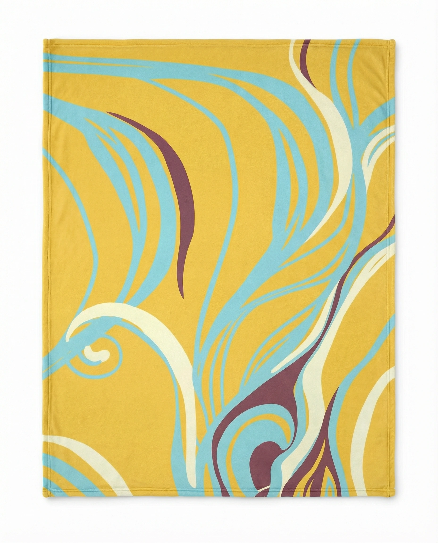 Folded abstract throw blanket showing cyan, yellow, and cream swirl artwork with a plush, cozy texture and stitched edges.