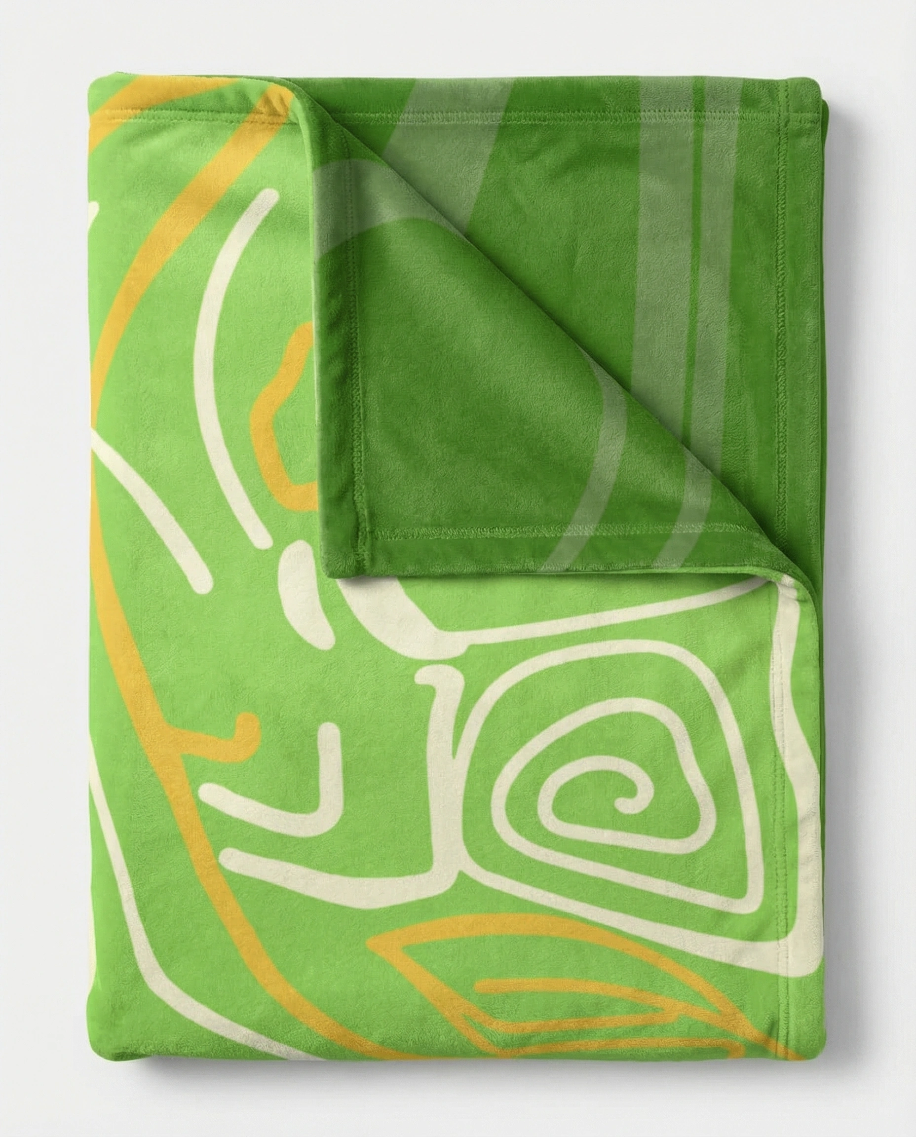 Folded green abstract throw blanket showing modern swirl line artwork with a plush texture, smooth finish, and reinforced stitched borders.