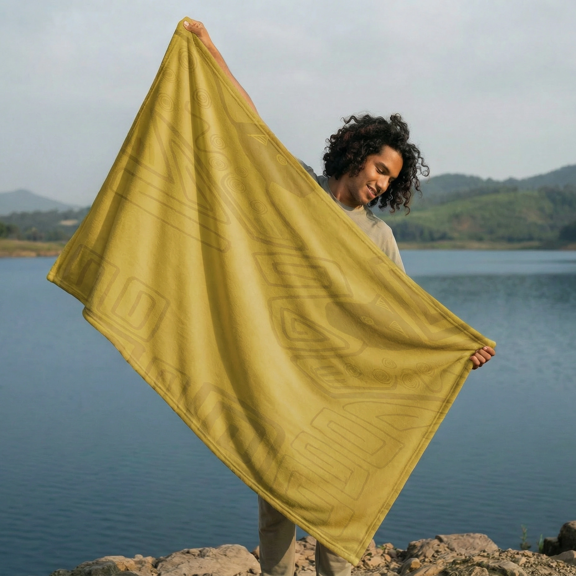 Person sitting cross-legged outdoors with a gold meditation blanket draped over the shoulders in a serene natural landscape.