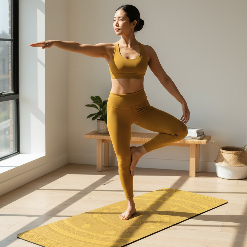 A top-down perspective of a golden-yellow yoga mat featuring detailed symmetrical patterns in ochre, including a central sun-like mandala and ancient-style animal silhouettes.