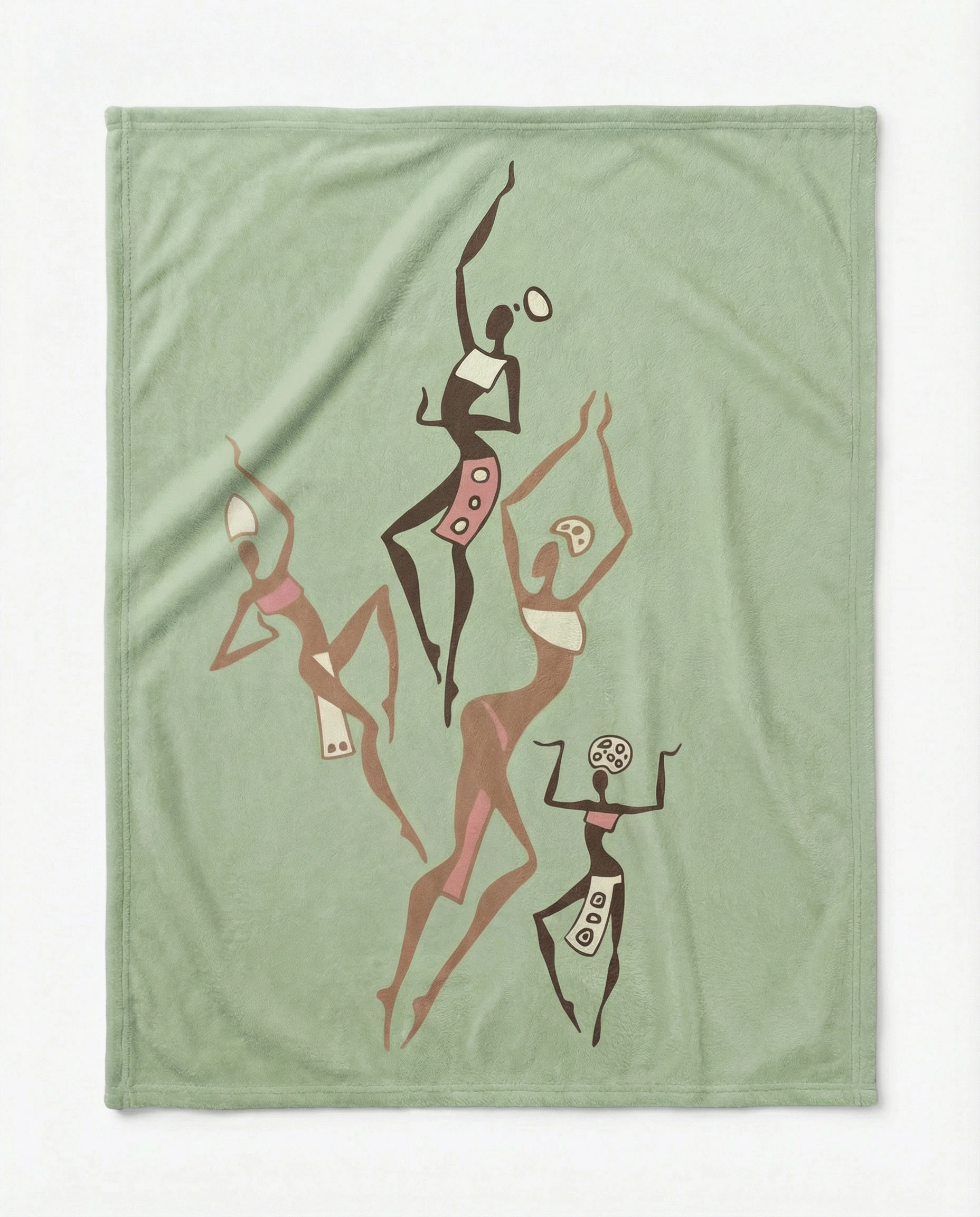 Olive green yoga towel displayed flat with abstract tribal dancer illustrations, symbolizing movement, meditation, and holistic wellness.