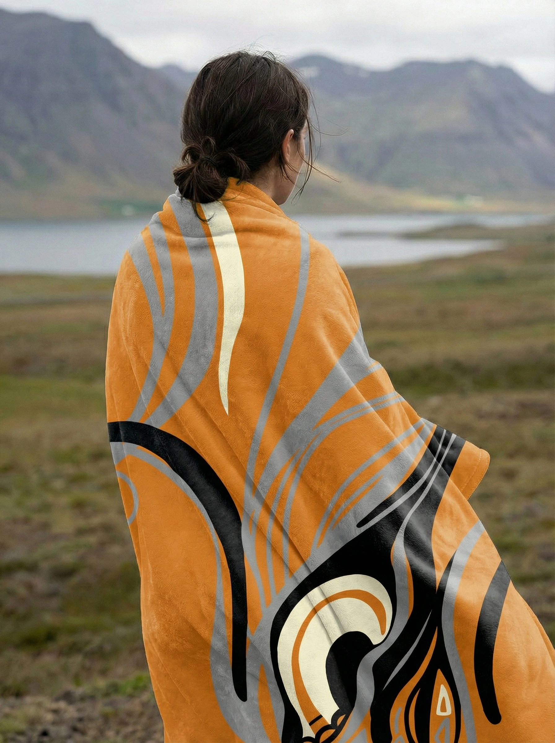Person standing outdoors wrapped in an orange abstract art fleece blanket with flowing black and gray line patterns, showcasing warmth, comfort, and modern artistic style