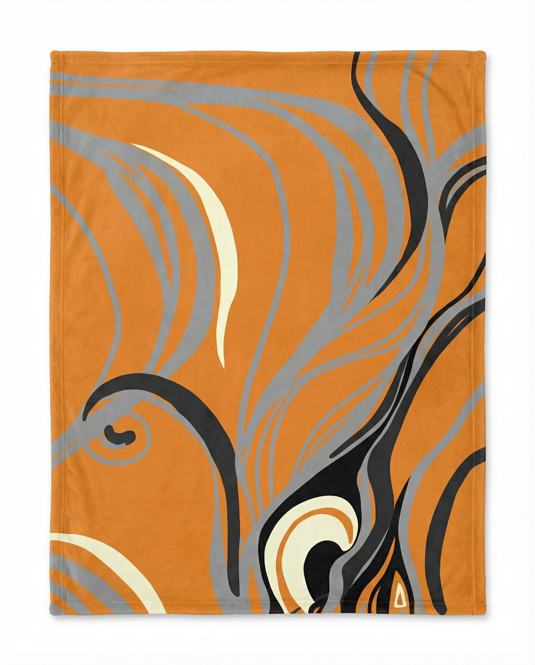 Back view of an orange fleece blanket with flowing gray, cream, and black abstract line patterns, showcasing bold artistic movement and soft plush texture