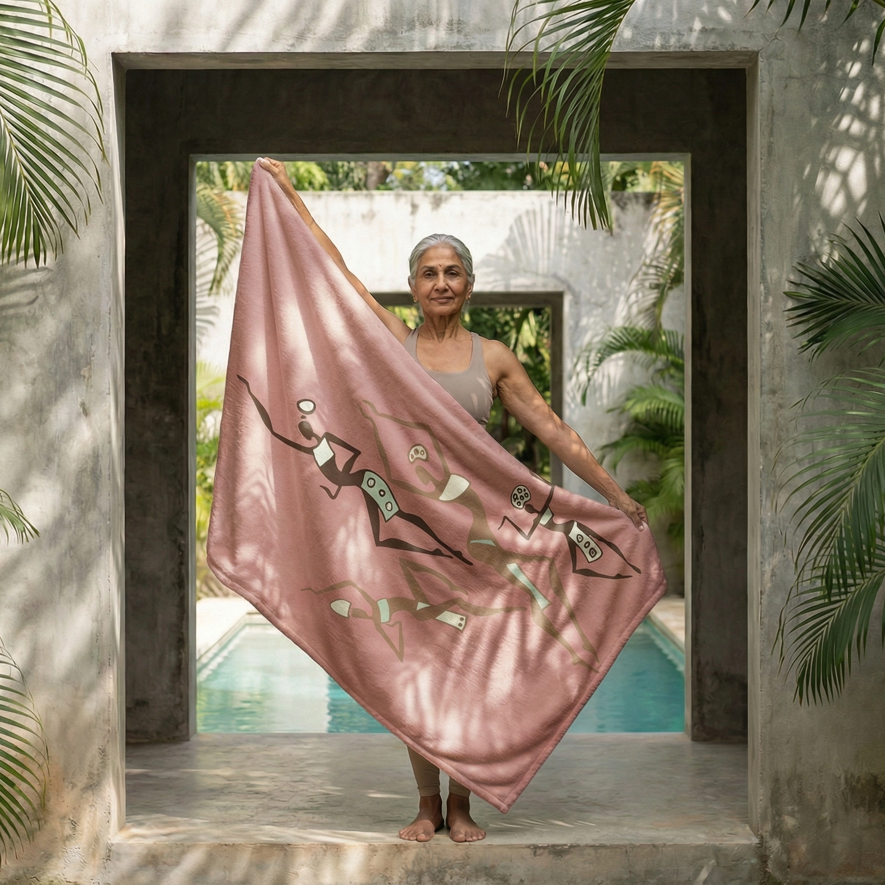 Senior woman holding a pink yoga towel with abstract tribal art design in a tropical courtyard near a swimming pool, promoting mindfulness, wellness, and active aging.