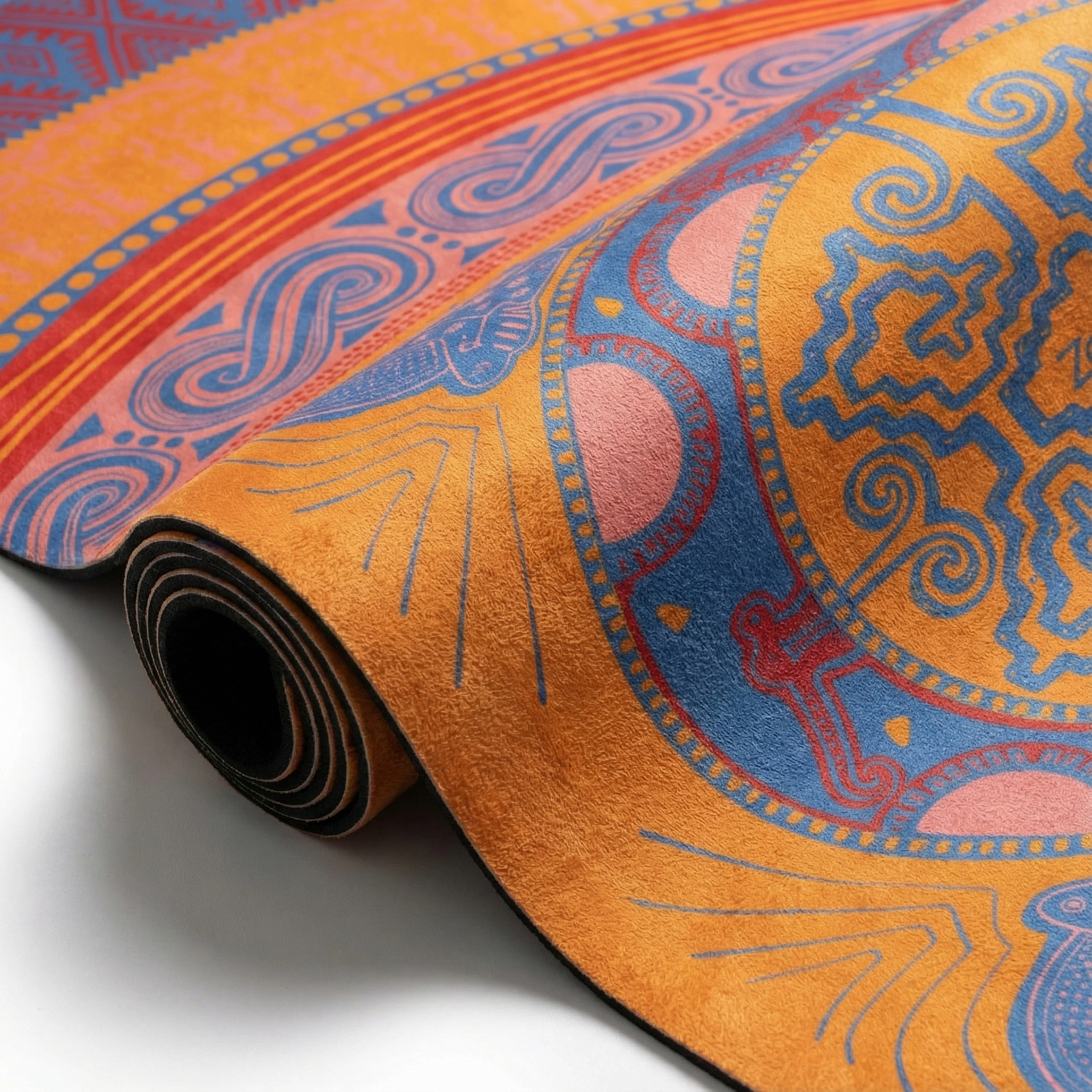 Detailed view of yoga mat center showing intricate mandala medallion with yin yang symbol, surrounded by peacock figures and decorative borders in orange and blue