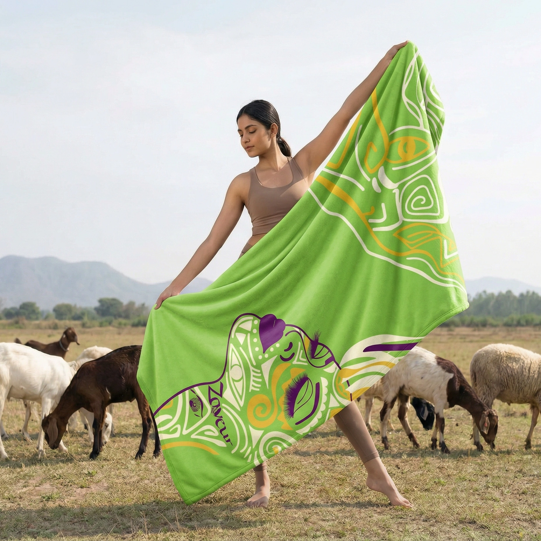 Woman holding a green yoga mat with artistic face and swirl design outdoors in a natural field, standing barefoot with grazing animals in the background.