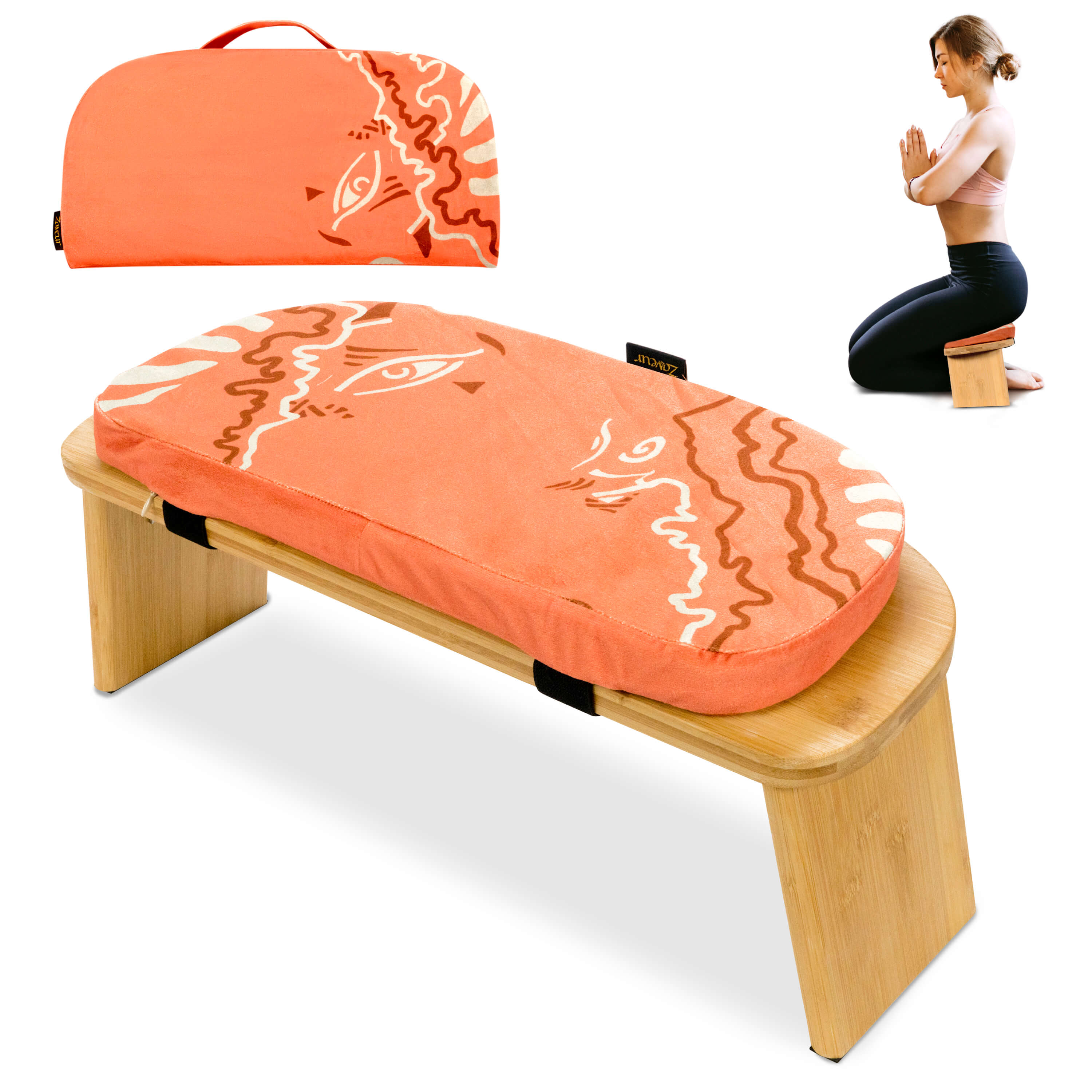 Wooden meditation bench with orange cushion and carrying bag on a white background
