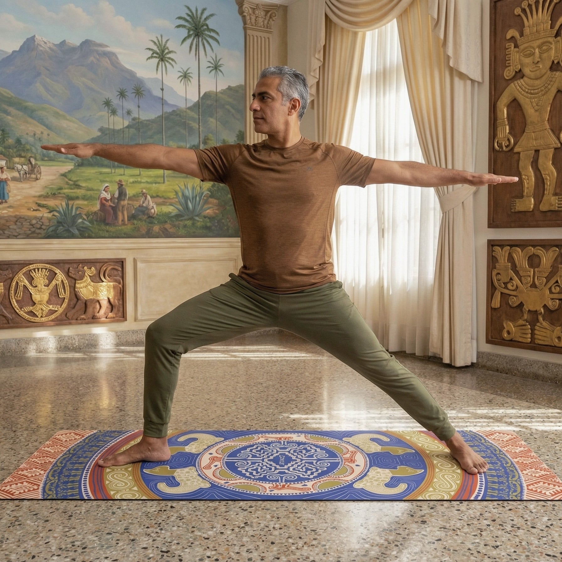 Mature man in brown shirt and olive green pants performing Warrior II yoga pose on blue and orange mandala print mat in elegant room with Colombian landscape mural and pre-Columbian art decorations