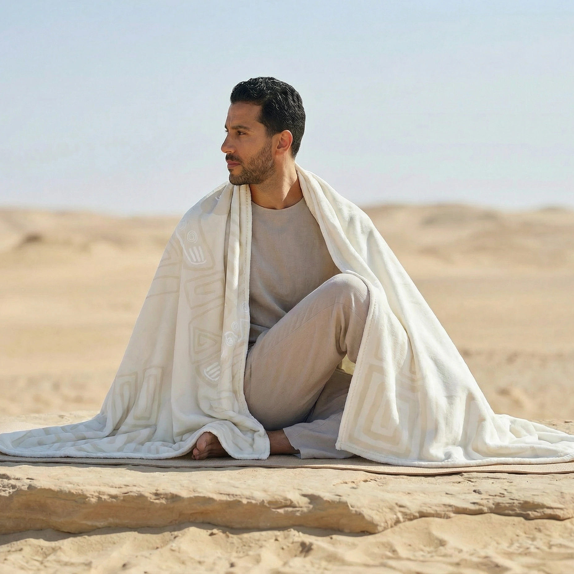 Person seated in a desert environment, wrapped in a white minimalist yoga blanket designed with soft geometric patterns.